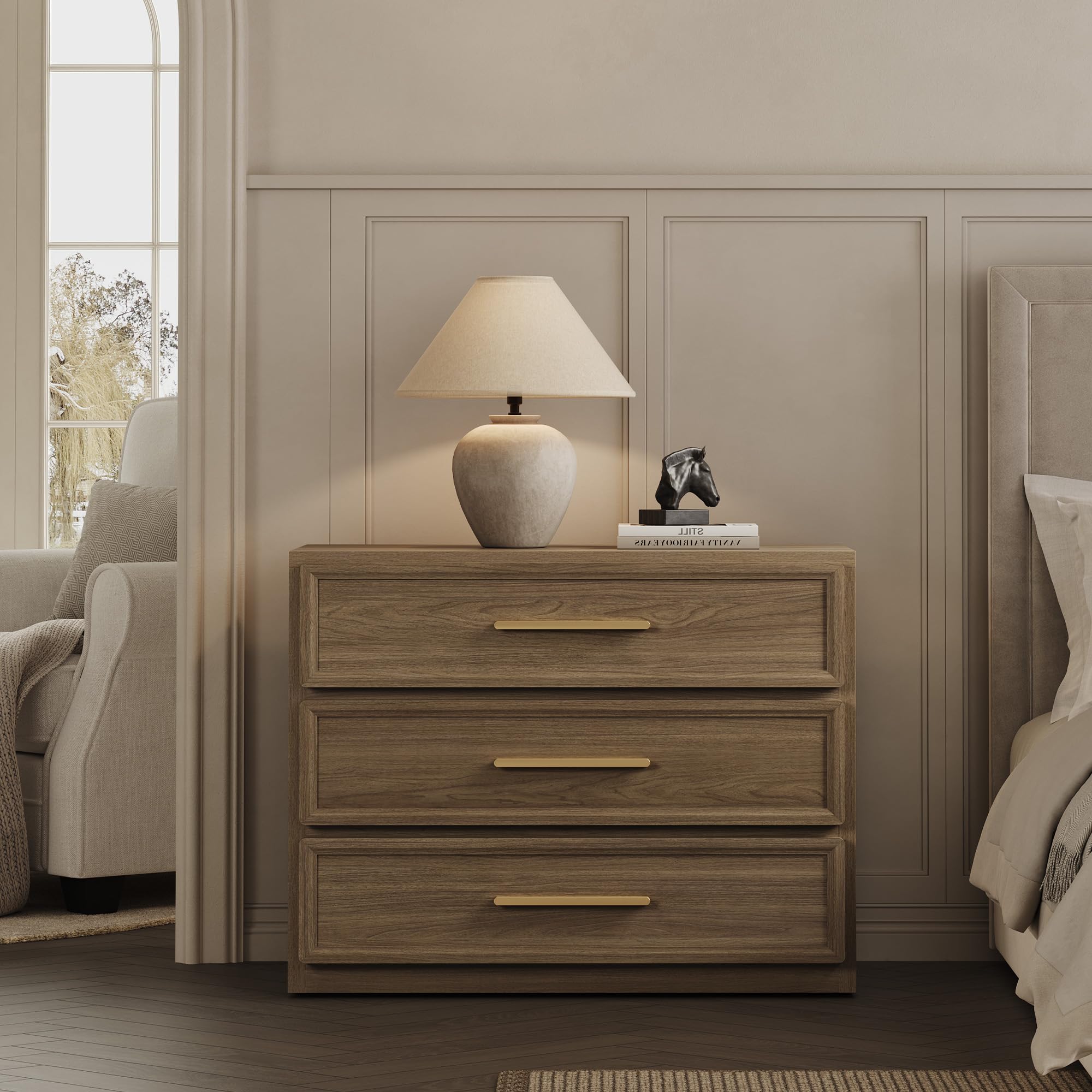 SICOTAS Night Stand Oversized Extra Large Nightstand Tall Bedside Side Table with 3 Drawers with Storage Modern End Table with Golden Handles Night