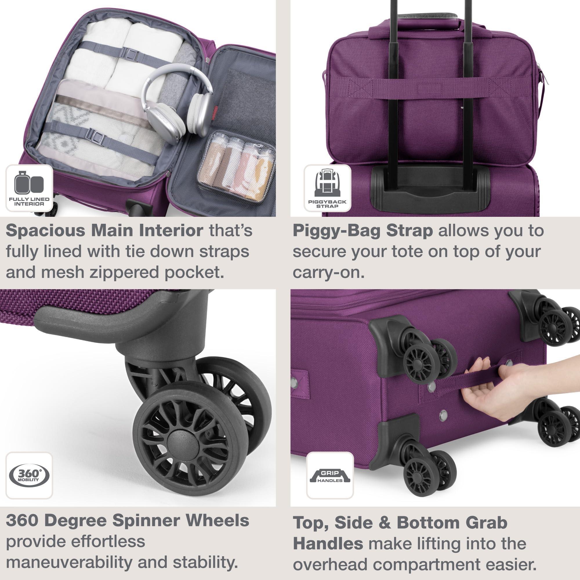 U.S. Traveler Rugged Fabric Expandable Carry-on Luggage Set, Purple, 4 Wheel