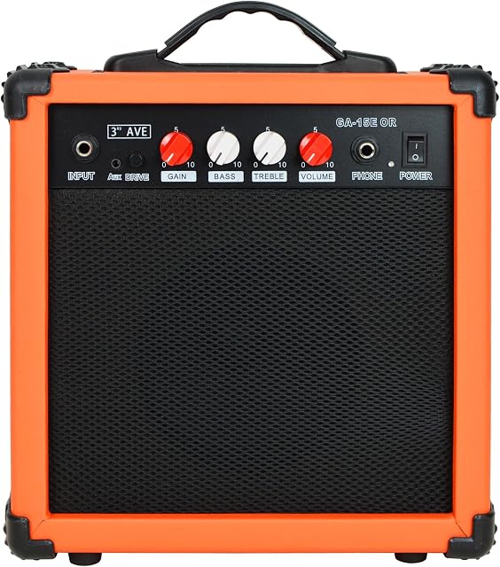 3rd Avenue 15W Guitar Practice Amplifier with Headphone Output, Overdrive Switch, 2 Band EQ, Tone/Gain Controls Portable Compact Orange
