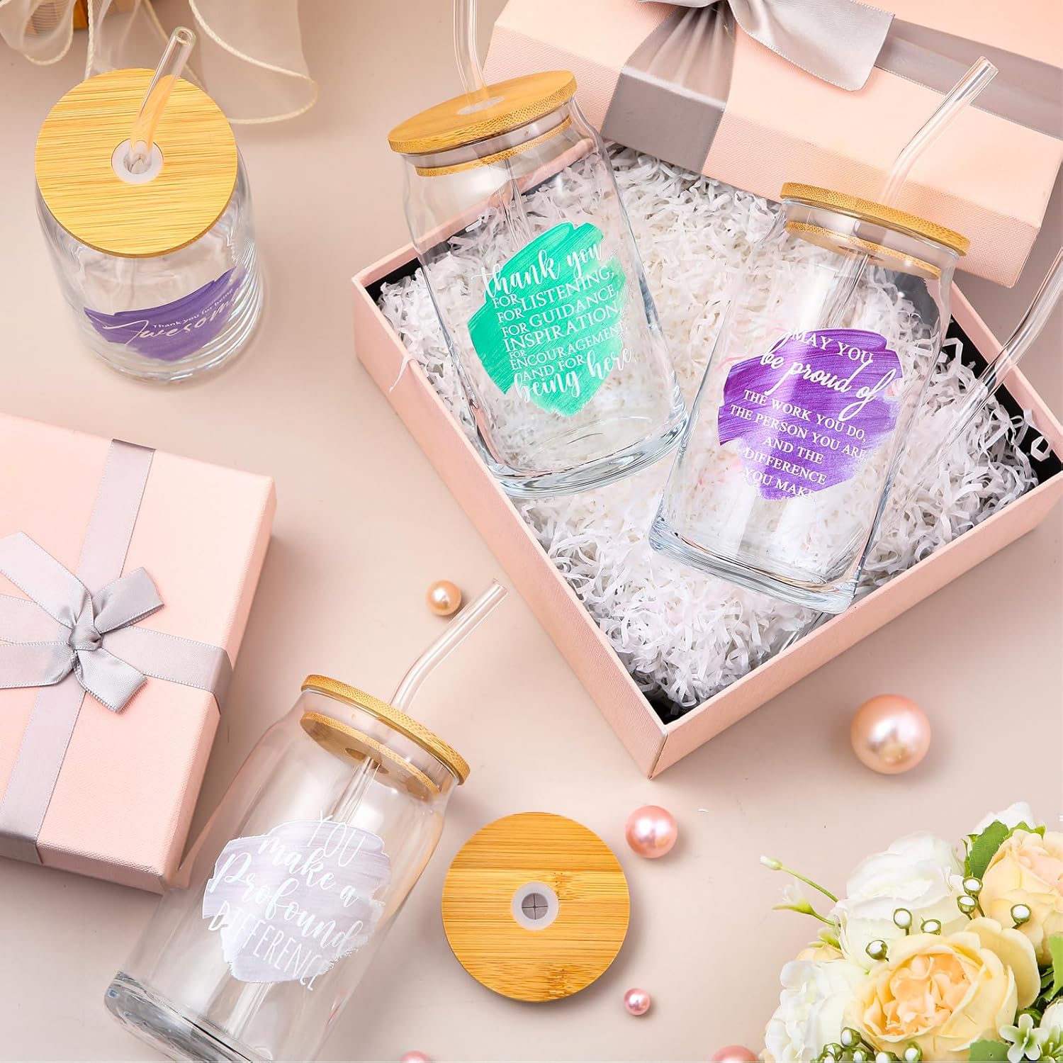 10 Pcs Employee Appreciation Gifts Bulk 17 oz Glass Cups with Lids Straws Thank You Gifts for Women Drinking Cup for Coworkers Teacher Staff Nurse Volunteer Secretary