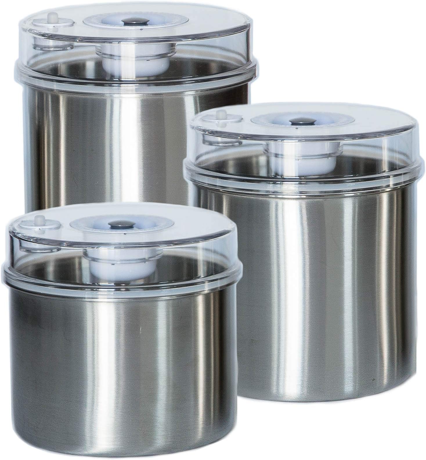 Vacuum Food Storage Canisters 3-Piece Set Stainless Container Bottoms, Clear See-Thru Lid with Vacuum Indicator and Universal Hose Attachment Keeps Food Fresh Coffee, Pasta, Fruit, Marinade Avid Armor