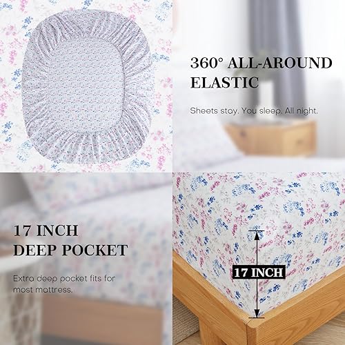Miniatura 5 de Sábana floral tamaño King, 4 piezas, sábanas de bolsillo profundo de 16 pulgadas, sábanas de enfriamiento suaves de lujo, fácil cuidado, King, flor