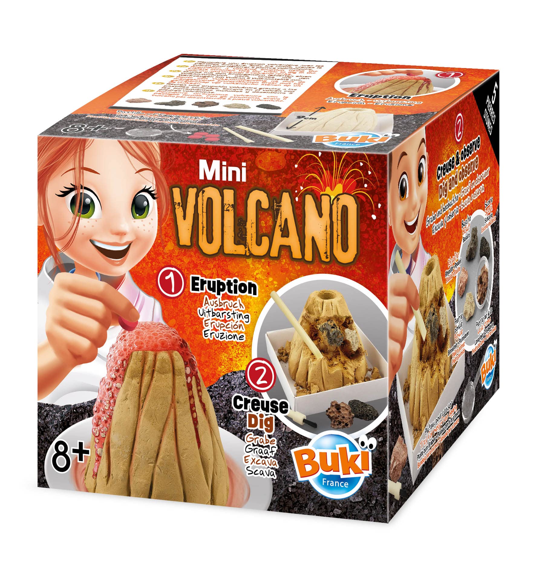 Buki France Mini Volcano + Dig Kit. 2in1. Make your own Erupting Volcano PLUS Dig up Volcanic Stones with the Dig Kit with Digging Tools. Kids STEM Toy Chemistry Set. Science Gift for Boys & Girls 8+