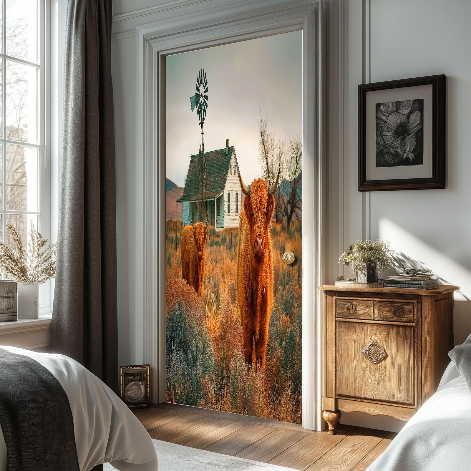 Realismus naklejka na drzwi, wiejska krowa, tapeta na drzwi dla dzieci, do sypialni, 90 x 200 cm (szer. x wys.) naklejka na ścianę, fototapeta, dla dzieci, dekoracja pokoju