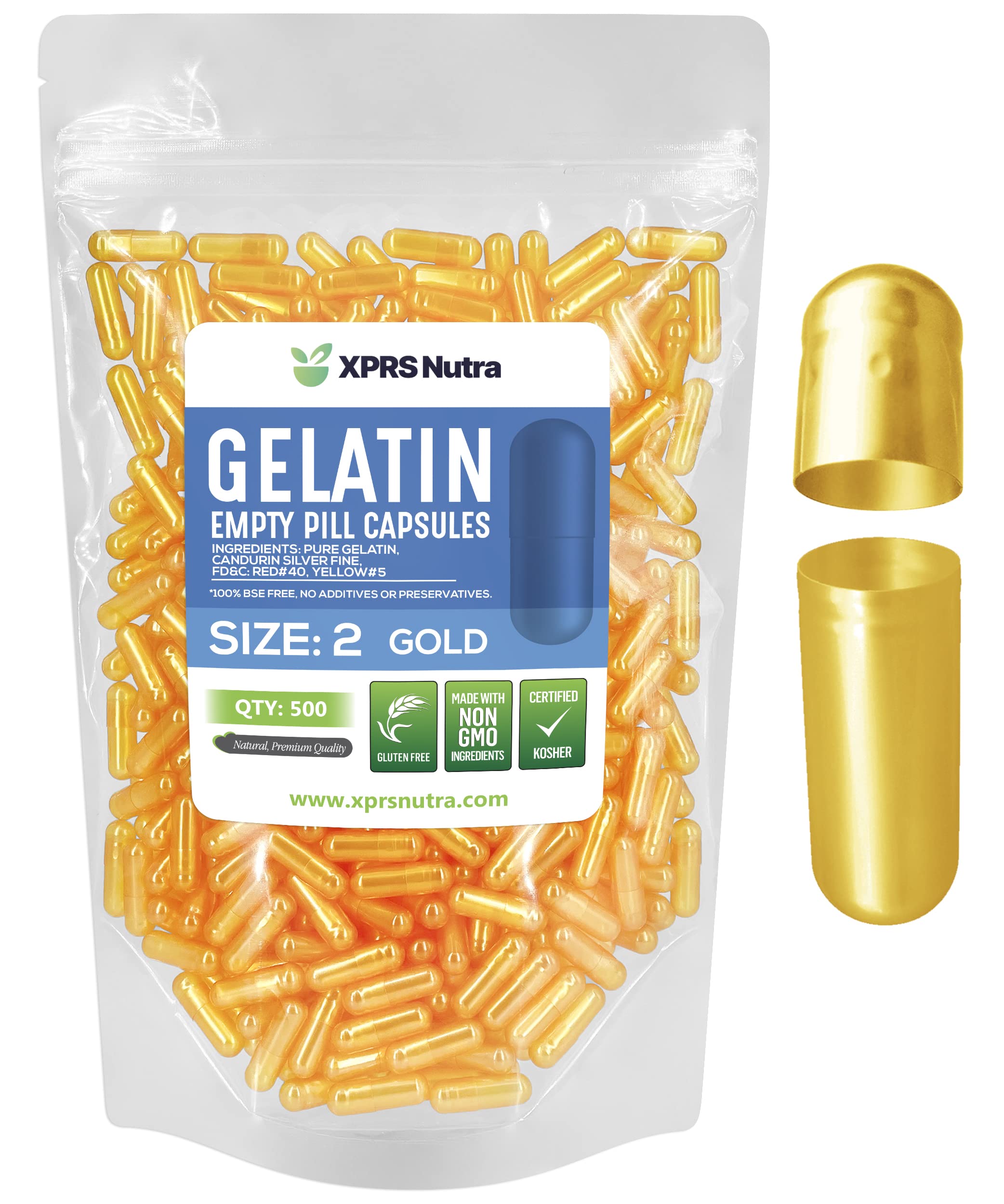 XPRS Nutra Size 2 Empty Capsules - 500 Count Empty Gelatin Capsules - Empty Pill Capsules - DIY Capsule Filling - Pure Bovine Pill Capsules Empty Gel Caps (Gold)