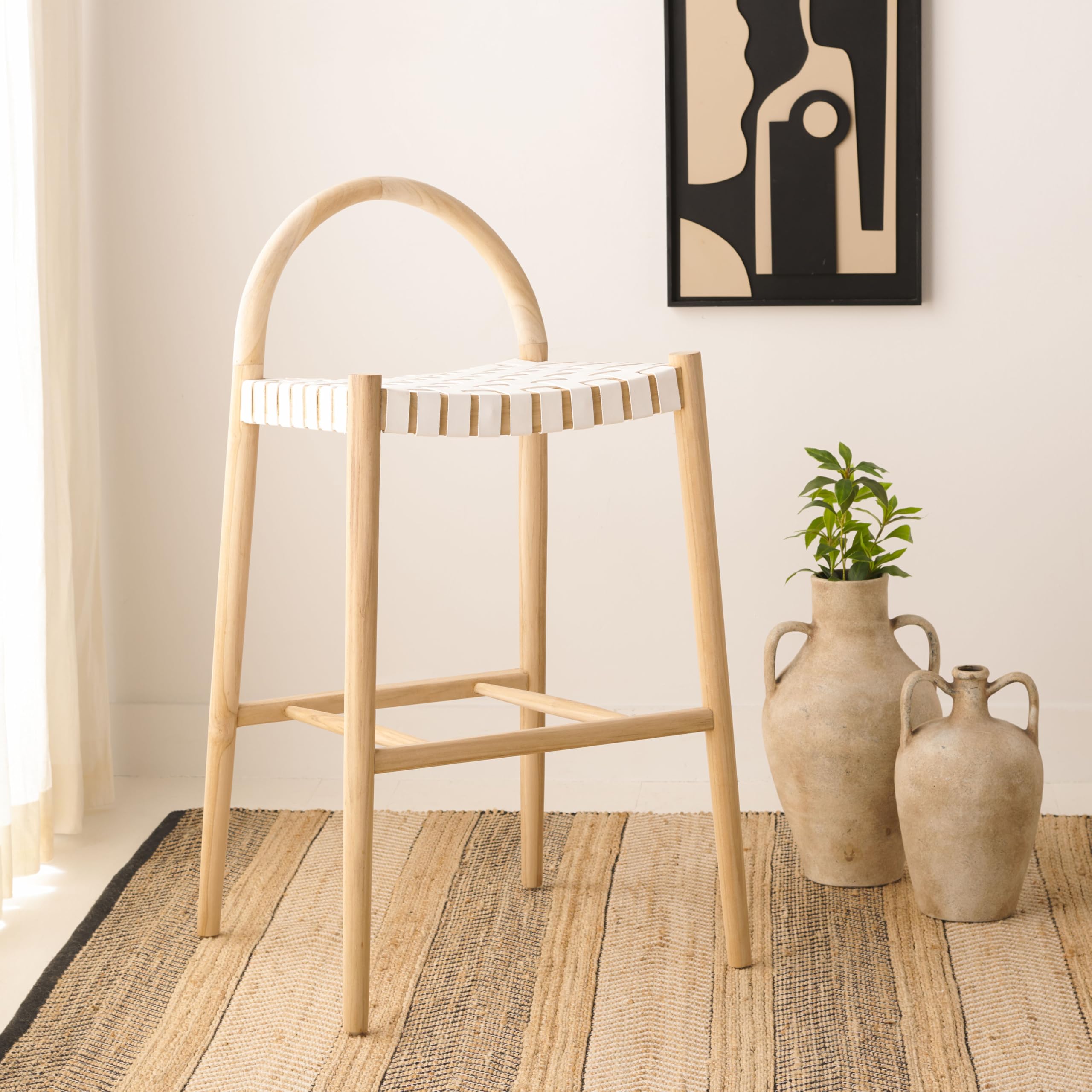 Home Collection Rhyan Taburete de bar de cuero tejido blanco/teca natural, madera maciza de madera maciza de 30 pulgadas (totalmente montado)