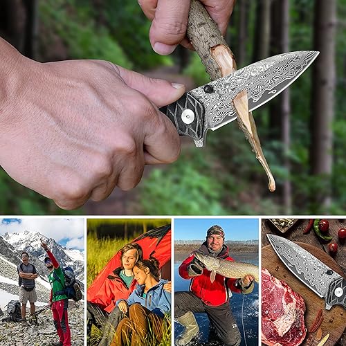 Miniatura 6 de AUBEY Cuchillo de bolsillo de Damasco para hombre, cuchillo plegable de acero de Damasco VG10 forjado de 2.95 pulgadas con funda, hoja de gota de