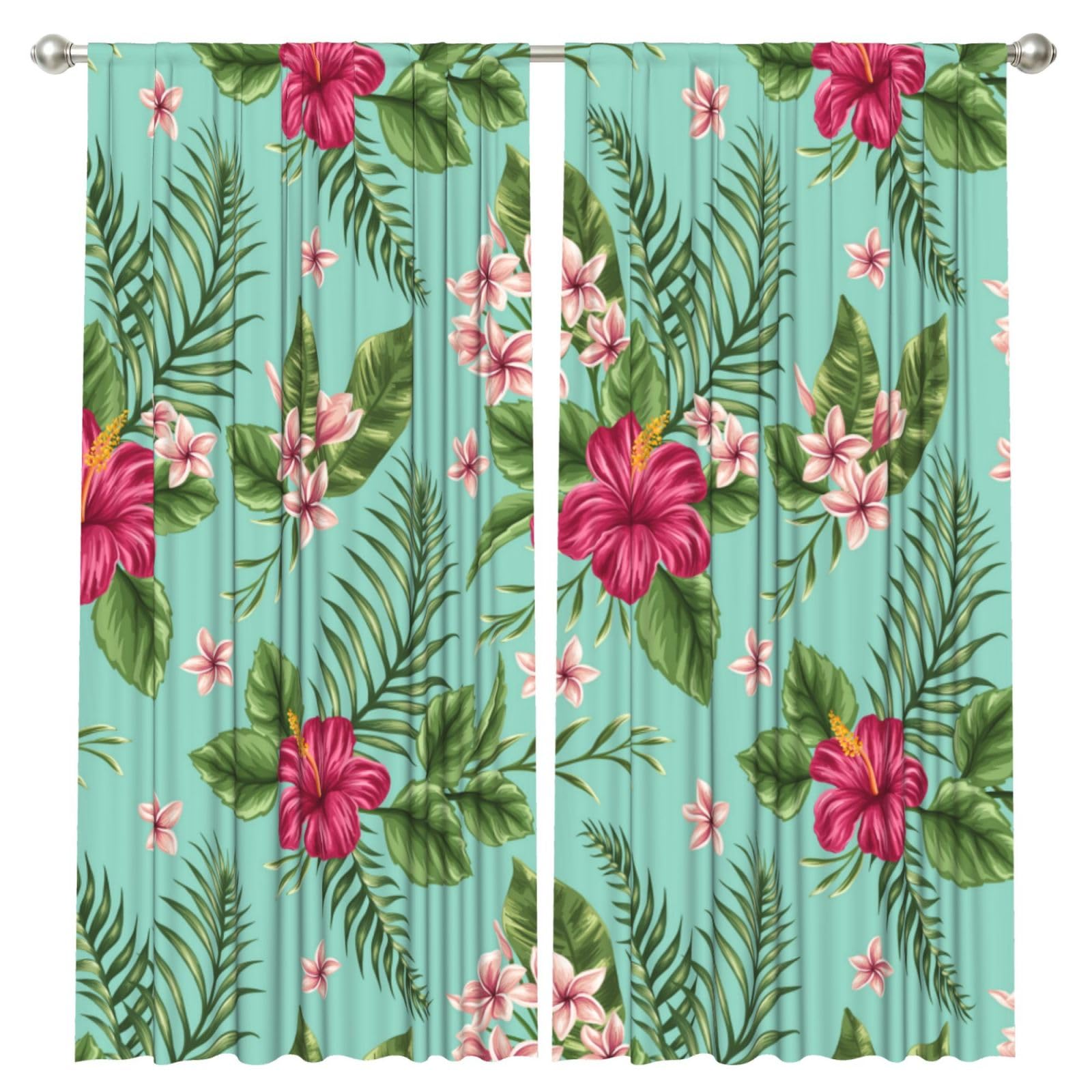 InOmak Plumeria And Hibiscus Flowers Print Exotic Jungle Palm Leaf, 2 Panels Window Curtains 52 x 84 Inch Blackout Curtains for Living Room Bedroom