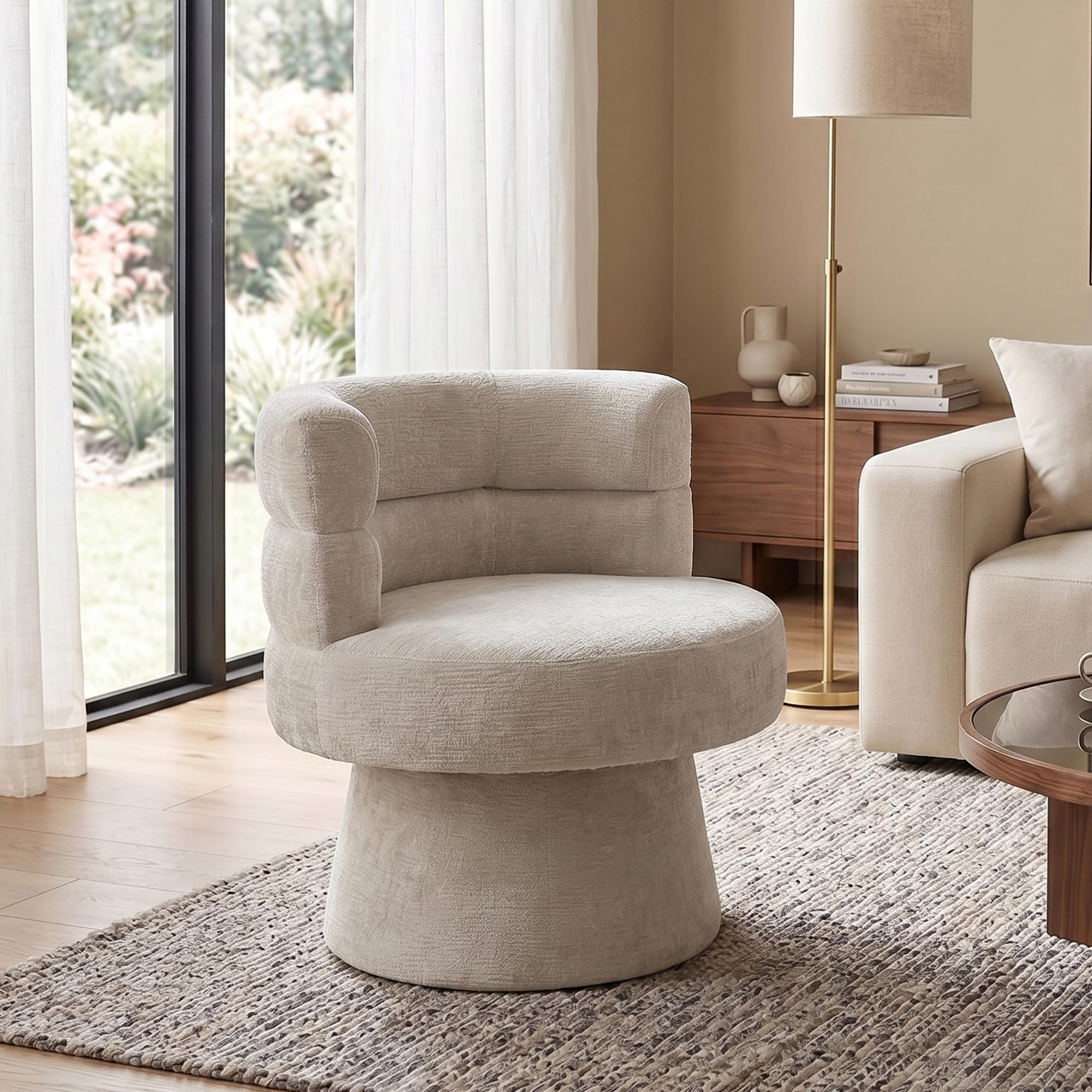 Duhome Loungesessel Wohnzimmer 360° Drehbarer Sessel mit Armlehnen, Relaxsessel aus Chenille Übergroßer Gepolsterter Sitz für Schlafzimmer Büro Lesesaal, Beige