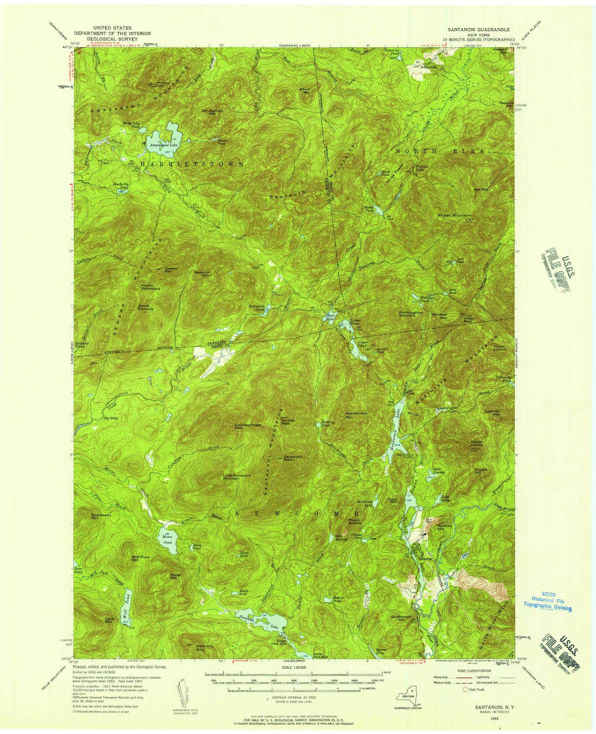 YellowMaps Santanoni NY topo map, 1:62500 Scale, 15 X 15 Minute, Historical, 1953, Updated 1957, 20.9 x 17 in