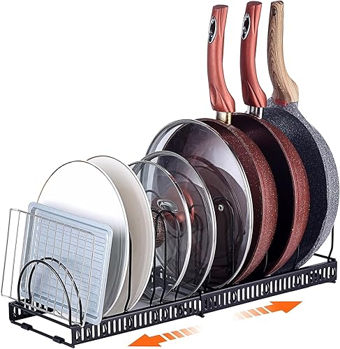 Organizador de ollas y sartenes para gabinete, paquete de 2 organizadores de tapas de ollas, o 1 estante expandible para ollas para gabinete de