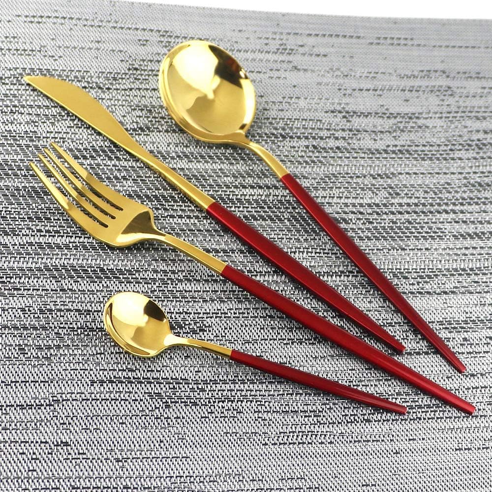 Juego De Cubiertos De Acero Inoxidable 304 De 40 Piezas, Juego De Cubiertos Pulidos A Espejo para 10 Personas, Utensilios Reutilizables con Mangos De Oro Rojo, Ideal para Uso Diario, Reuniones