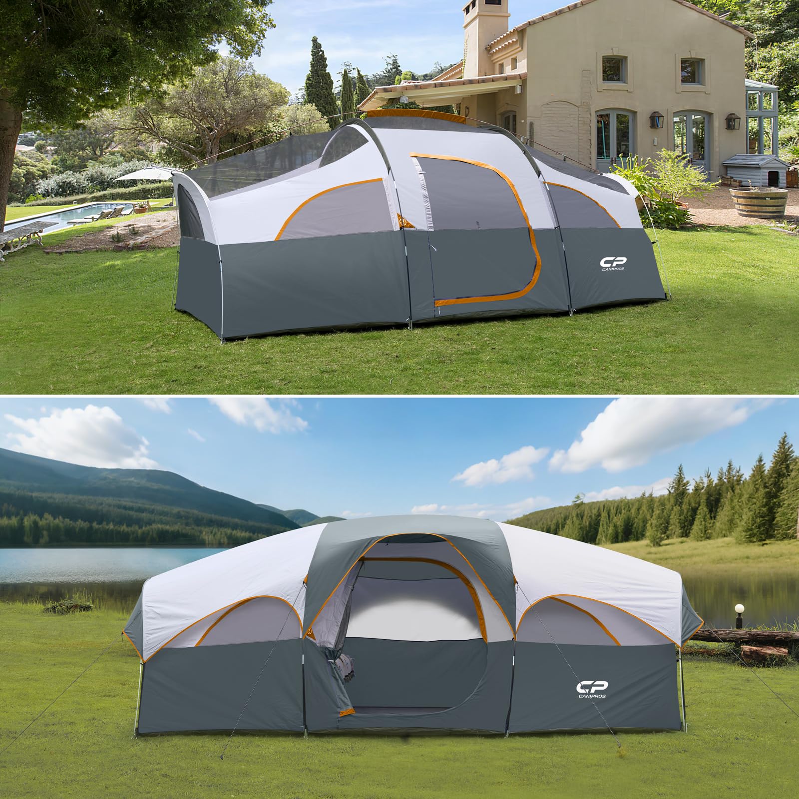 CAMPROS CP Camping Zelt 6-8 Personen, großes Familienzelt 427 x 274 x 183 cm, 2 Räume mit Trennwand, Stehhöhe, schneller Aufbau in 5 Minuten, Gute Belüftung, Outdoor Zelt für Familie