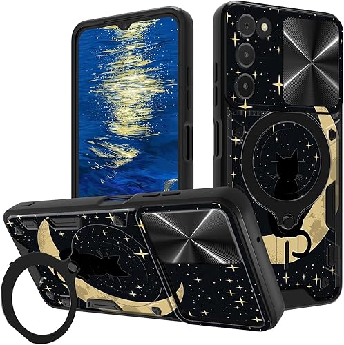 Vista 43 de Funda para Samsung Galaxy A13 5G con cubierta deslizante para lente de cámara y anillo giratorio de 360 grados, soporte híbrido de doble capa Flores