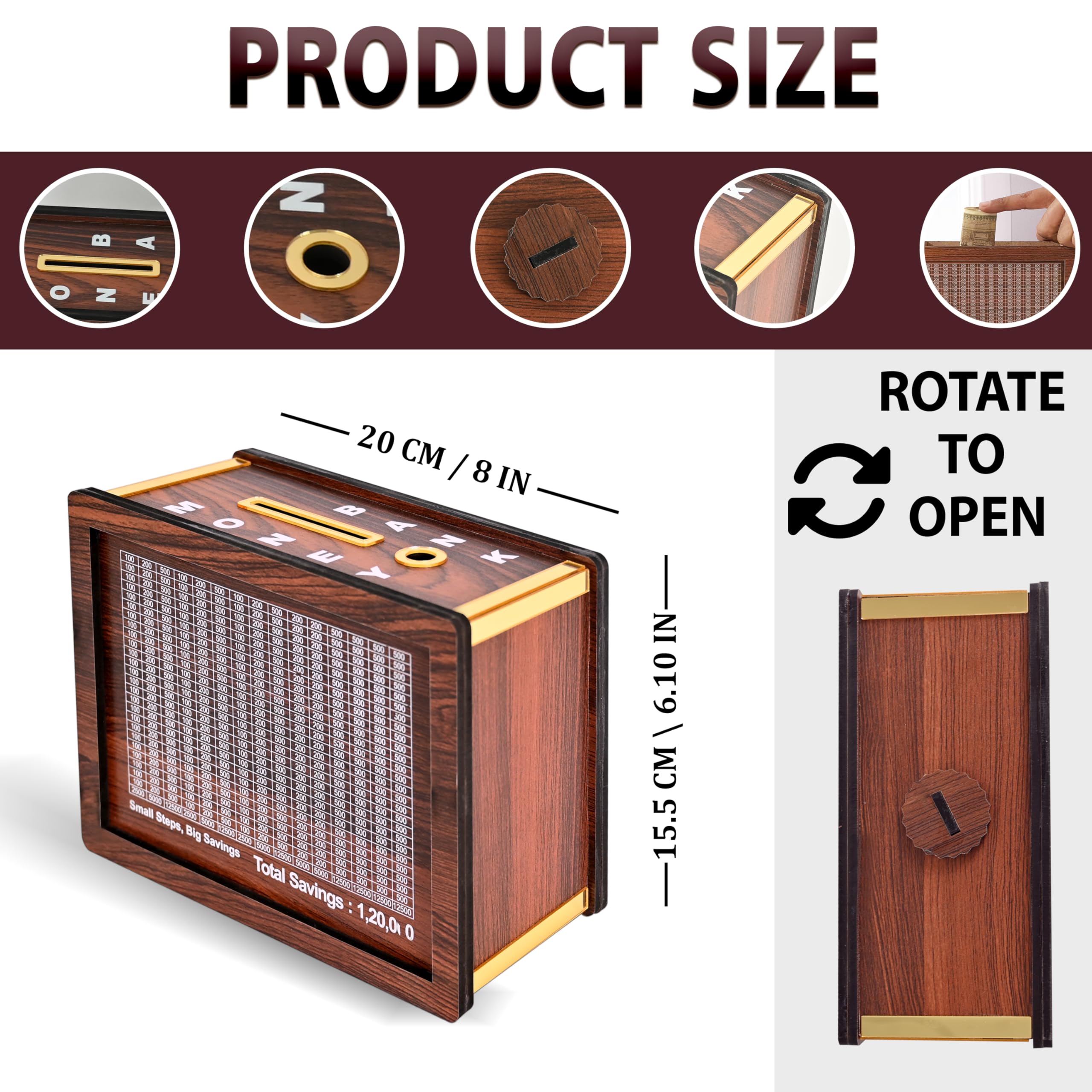WONDER HUB 1,20,000 Challenge Wooden Piggy Bank for Money Saving MINI Bank for Kids & Adults Money Saving Box Coin Box 3