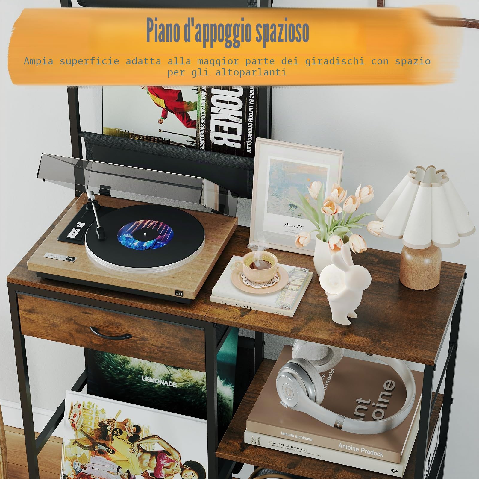 VEDECASA Scaffale per dischi in vinile con 1 cassetto e 3 ripiani, mensola vintage in legno e metallo per fino a 150 dischi in vinile, supporto LP con ripiano per giradischi, tavolino laterale per