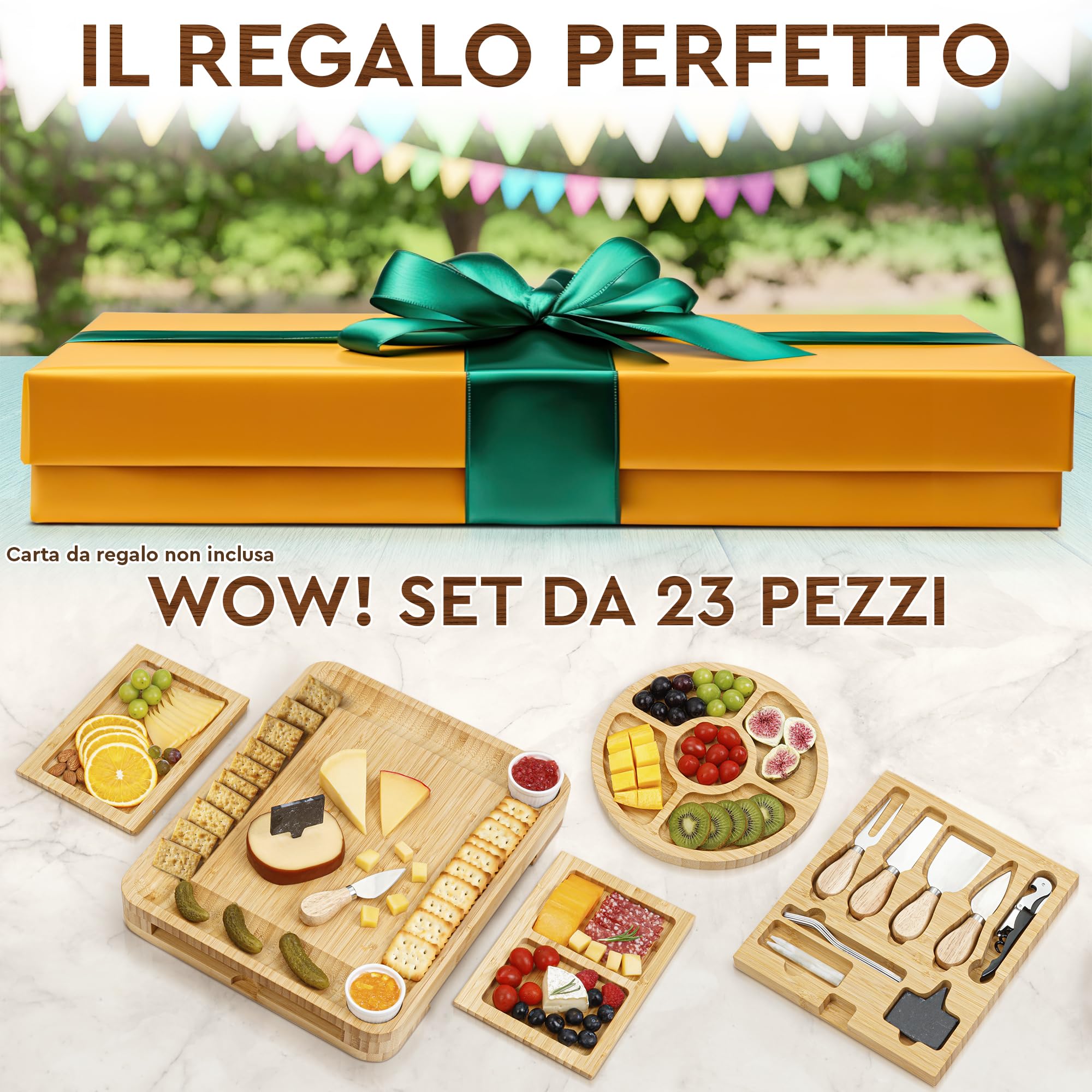 Set regalo tagliere di salumi di lusso, 23 pezzi, bambù, grande tagliere per formaggi e piatto di frutta per la festa del Ringraziamento o regalo di compleanno