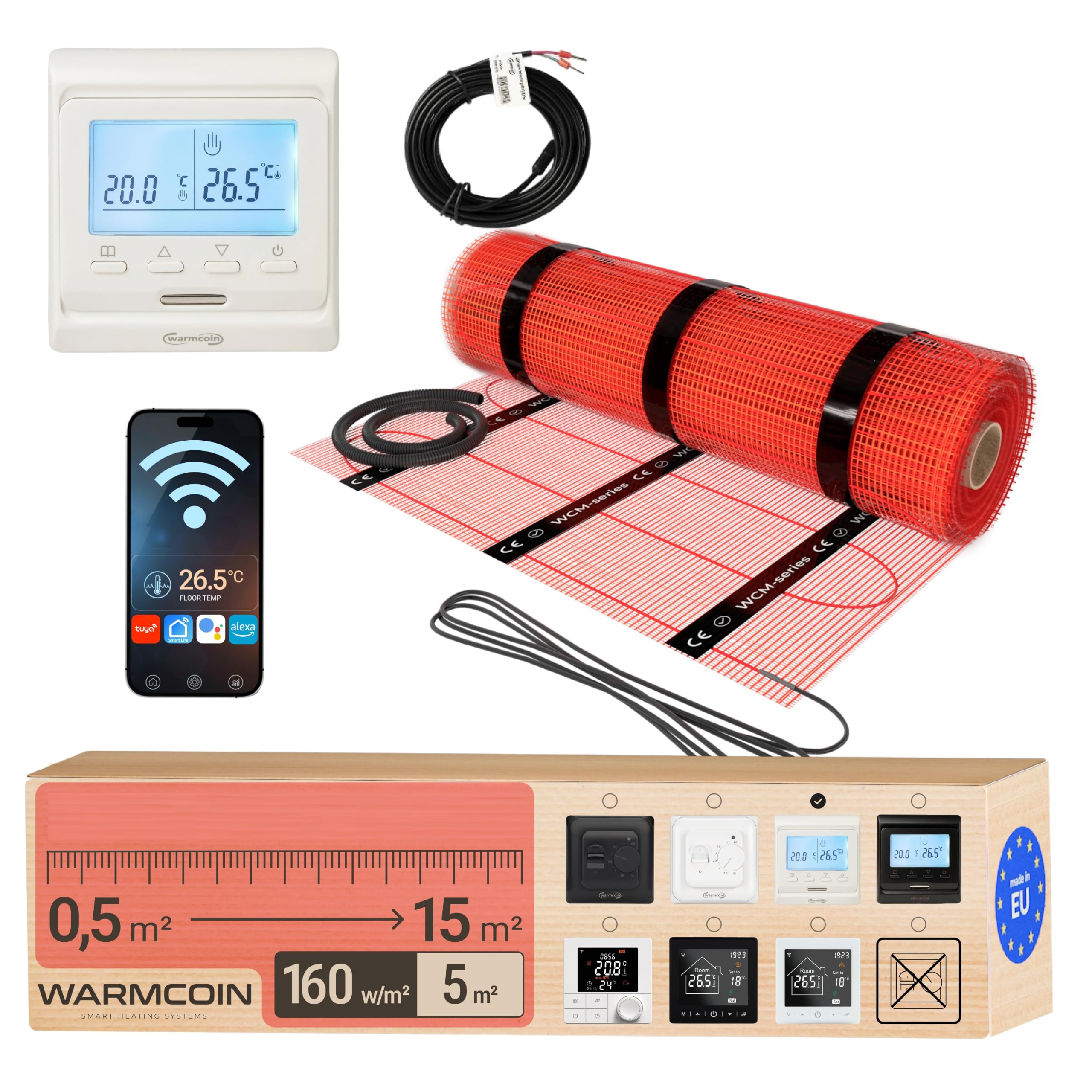 Kit Complet de Chauffage au Sol Électrique 160 W/m² – Trame Chauffante Autocollante 5,0 m² (0,5x10m) – Pour Carrelage, Stratifié et Parquet – Thermostat WiFi W51 Blanc Inclus