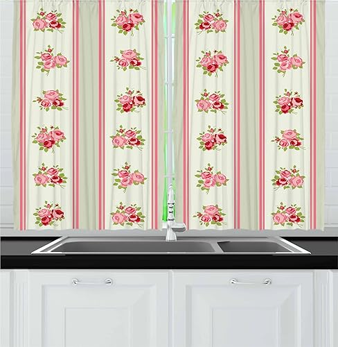 Miniatura 16 de Lunarable Cortinas de cocina mostaza, piñas tropicales sobre líneas amarillas horizontales a rayas amarillas, diseño de humor de fruta fresca, juego