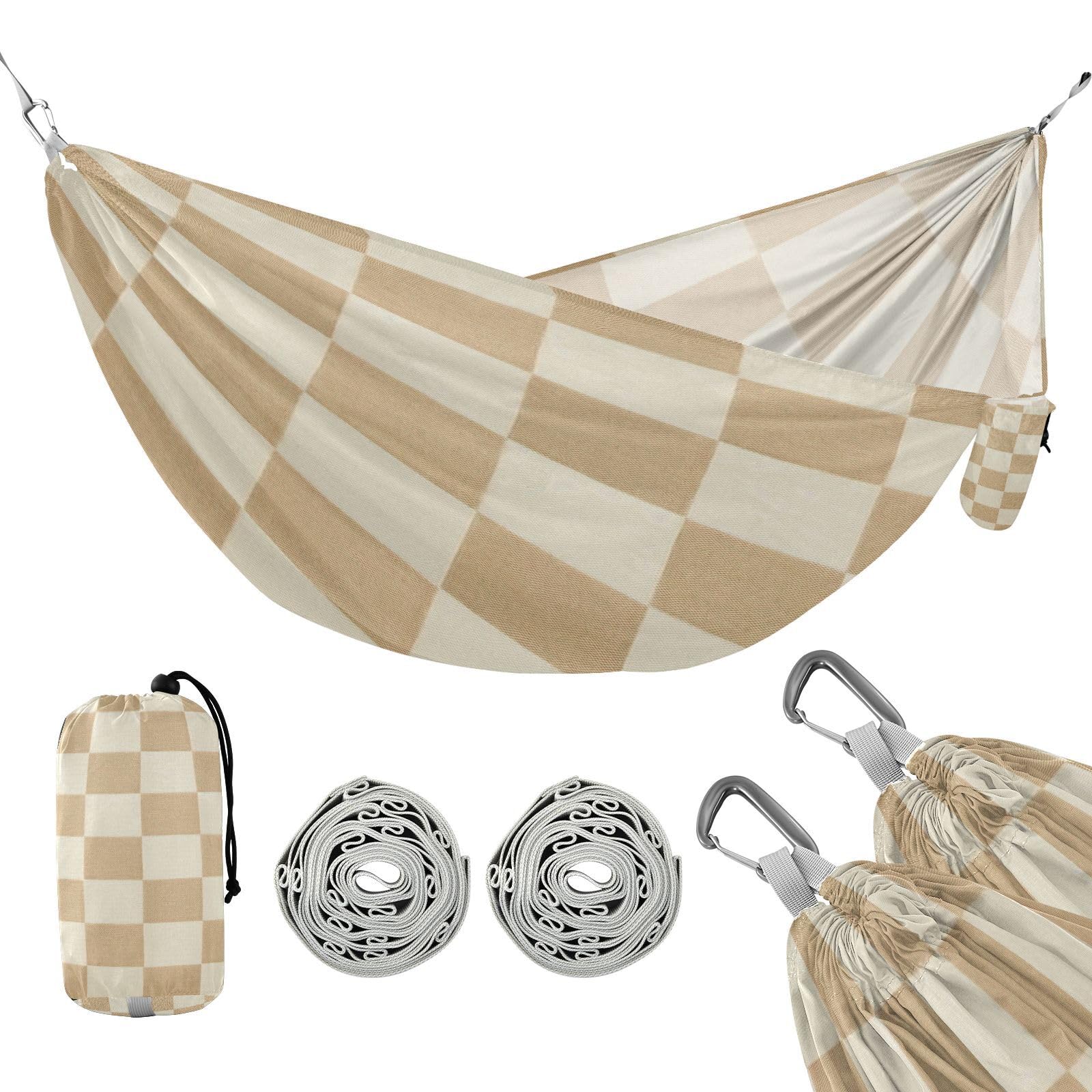 ATTX Checkered Beige Camping Hammock - Lightweight & Portable Hammocks, Heavy Duty 330lbs Capacity for Indoor, Hiking, Backpacking, Travel, Backyard, Beach#222