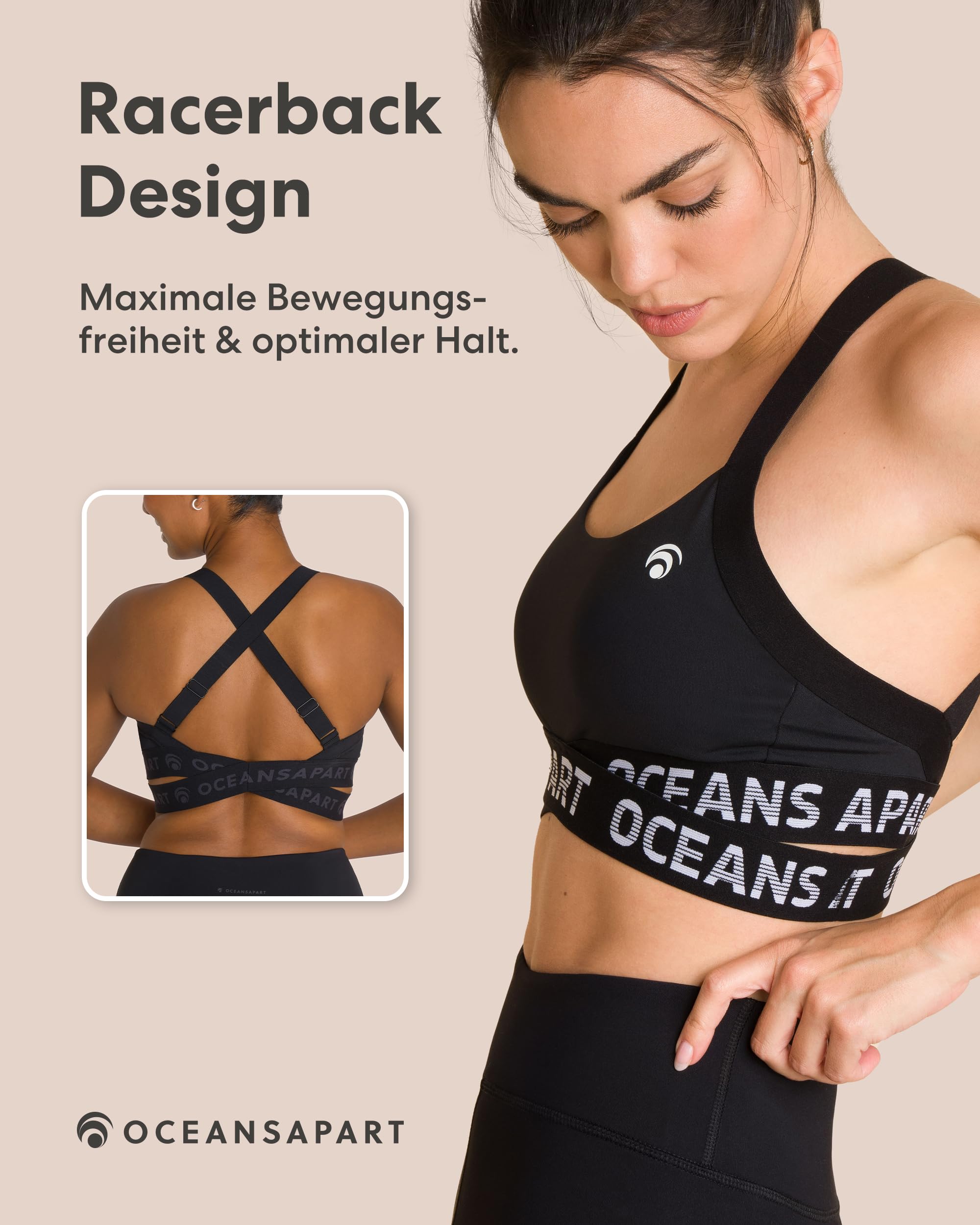 OCEANSAPART Beauty Bra Sport BH Damen ohne Bügel - Sportoberteil für Yoga & Alltag mit mittlerem Halt, herausnehmbaren Cups, Racerback und schnelltrocknendem Stretchmaterial