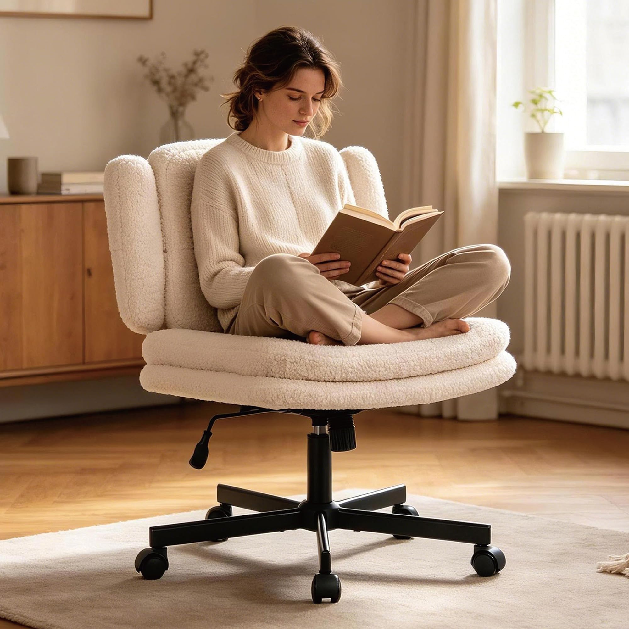 Flysky Desk Chair, Cross Legged Chair with Armrests, Beige