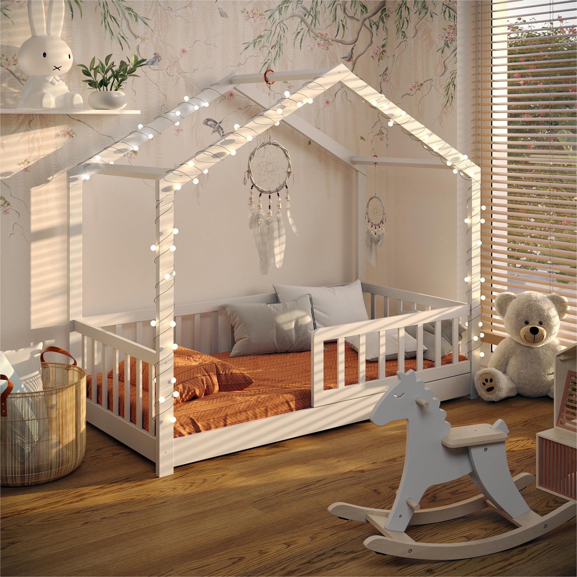 CADANI Malte Hausbett 80x160 cm Bodenbett, Rausfallschutz abnehmbar, bis 200 kg belastbar, Roll-Lattenrost, Montessori Kinderbett Kiefer Massivholz, 2 in 1 umbaubar, Weiß