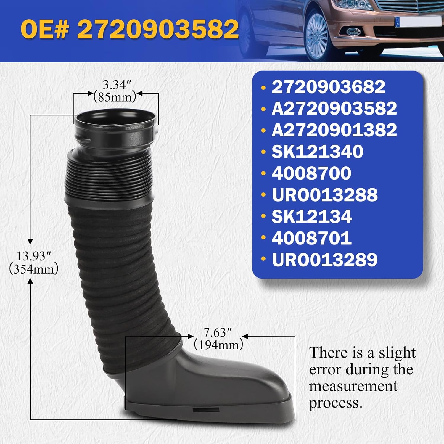 2720903582 & 2720903682 Air Intake Inlet Duct Hose Left & Right For Mercedes-Benz C300 C350 E350 W204 W212 Replaces#4008700 4008701 A2720903582 A2720901382