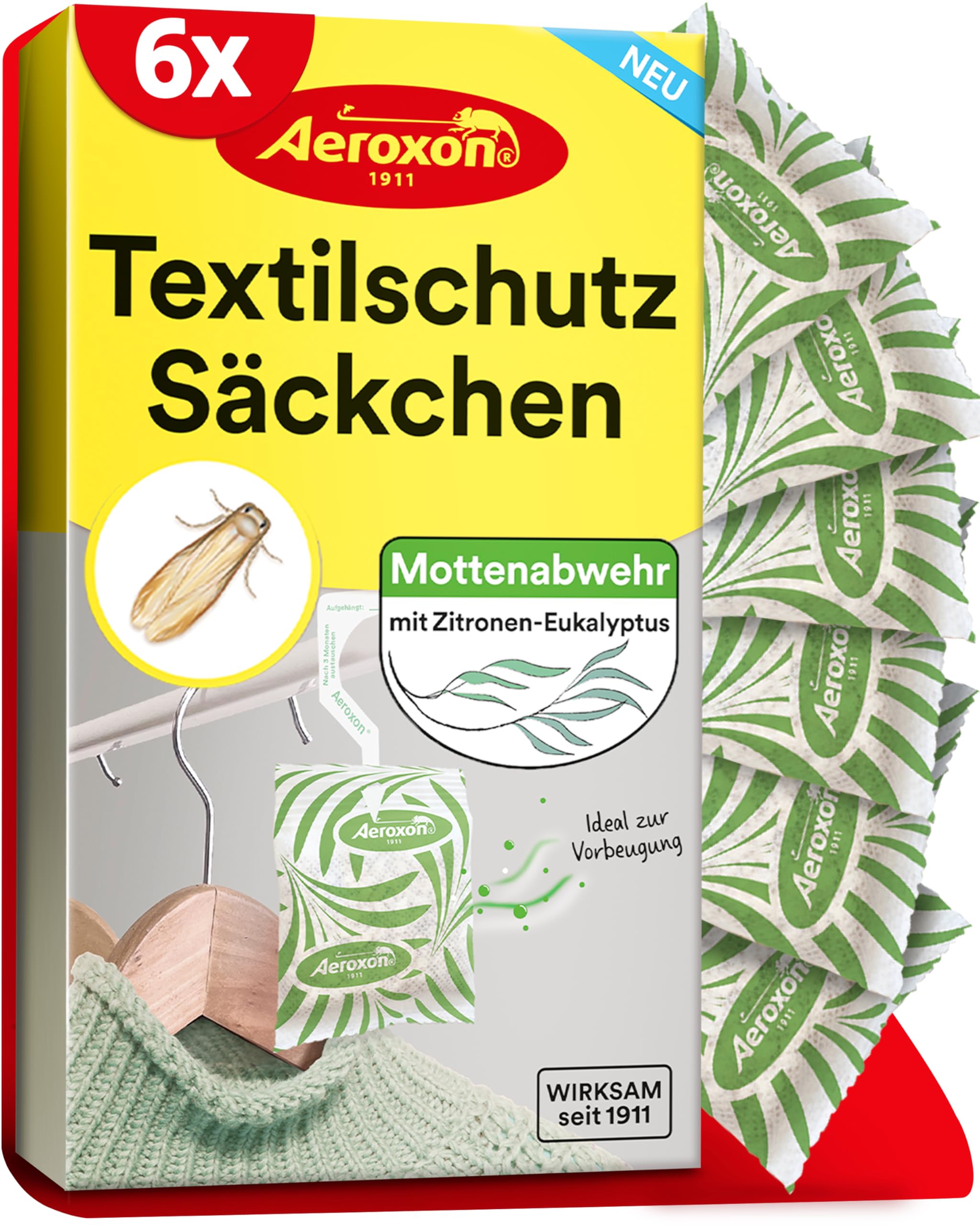 Aeroxon Textilschutzsäckchen – 2x3 Mottenschutz für Kleiderschrank, 3 Monate Schutz gegen Kleidermotten, Zitronen-Eukalyptus Duft