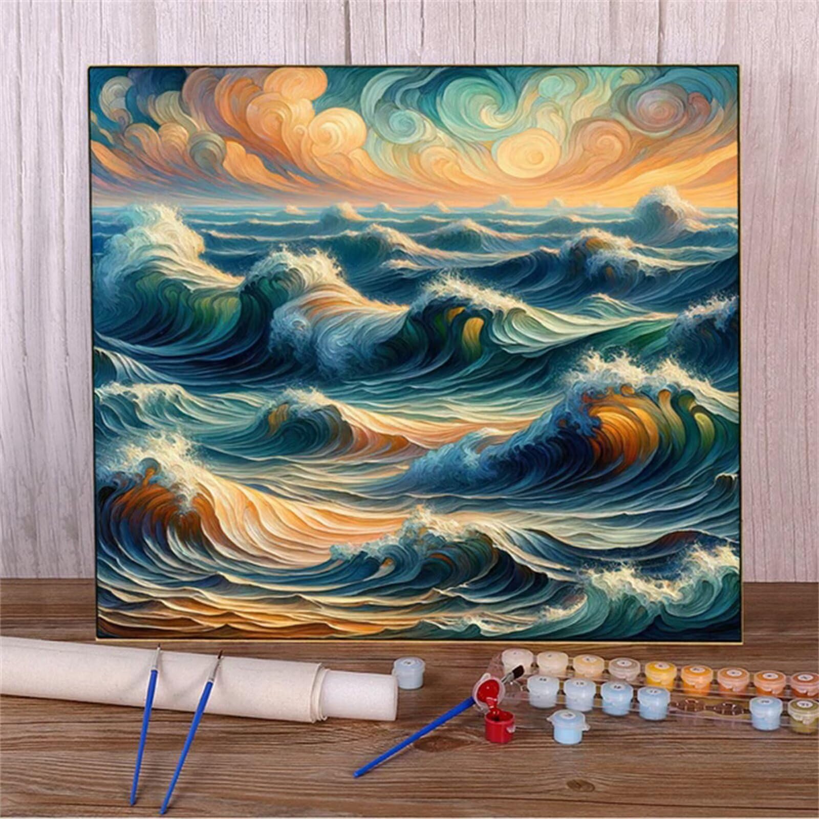 Peinture Numero Adulte,Vagues abstraites Peinture par Numéros Kits,avec Cadre Bricolage Peinture à l'huile sur Toile Numéros pour Adultes Enfants Paint by Numbers pour Maison Décoration 60x60cm