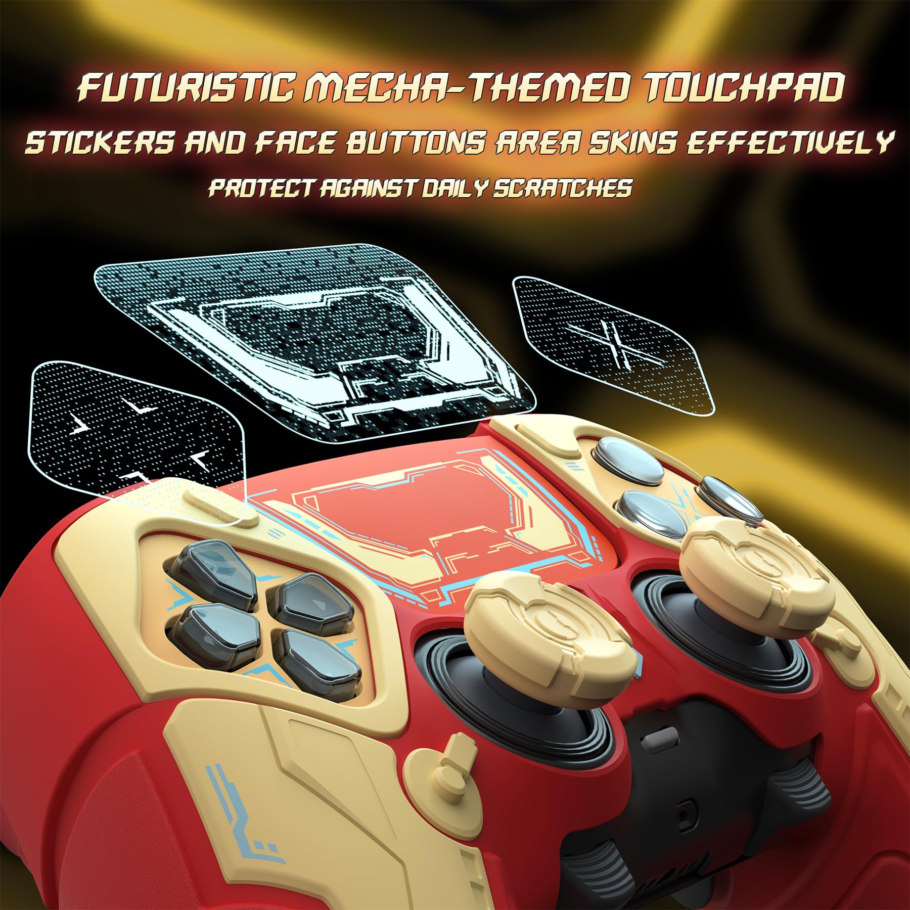 PlayVital Funda de Silicona para ps5 Edge Mando - Carcasa Protectora Antideslizante con Tapas para Joystick y Pegatinas Decorativas - Stellar Mecha (Rojo Carmesí & Amarillo Hierro) - 5