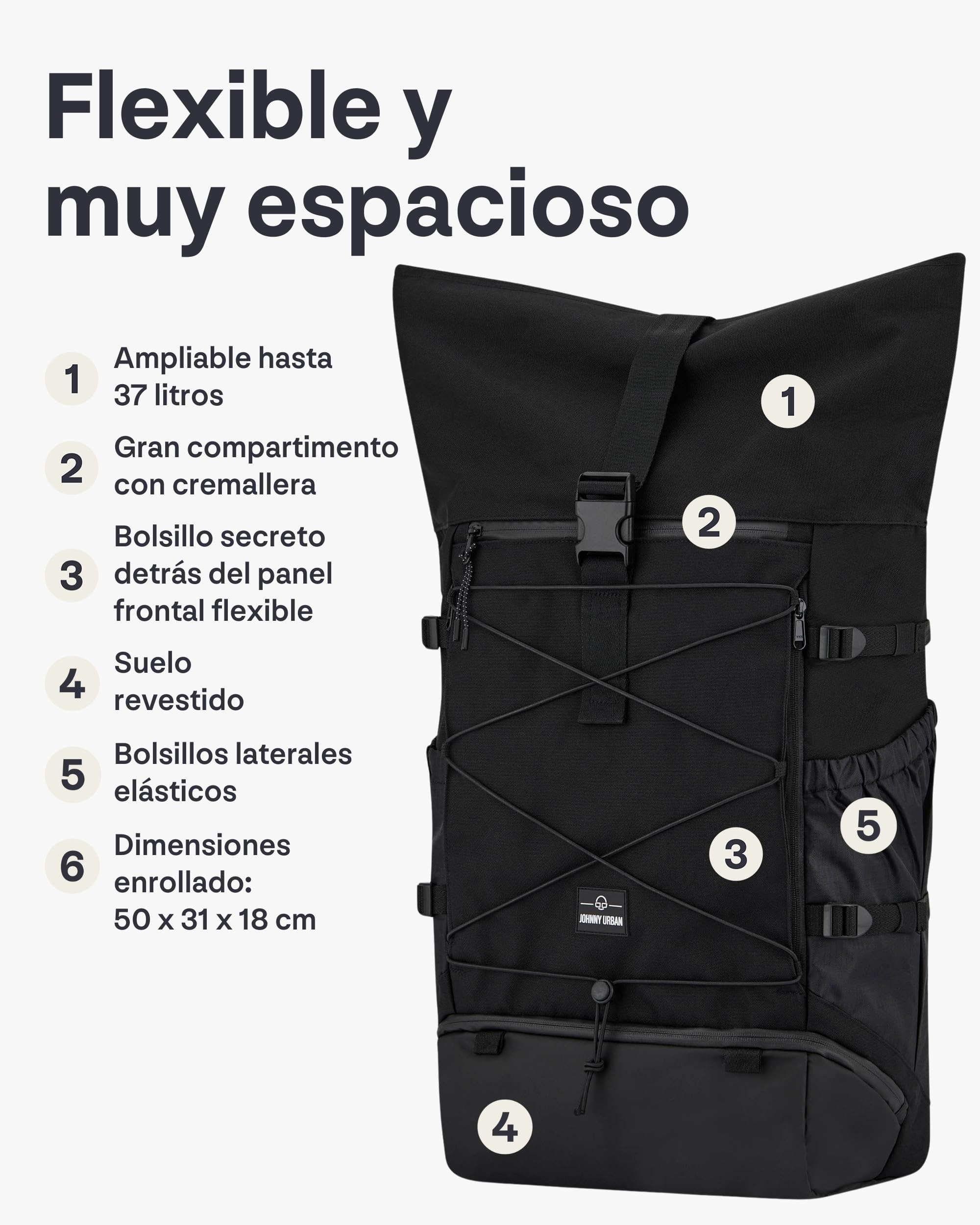 Johnny Urban Mochila de Viaje Mujeres y Hombres - Allen Travel L - 37L Rolltop Backpack Large - Bolsa Ideal para Viajes Senderismo Excursiones - Repelente al Agua