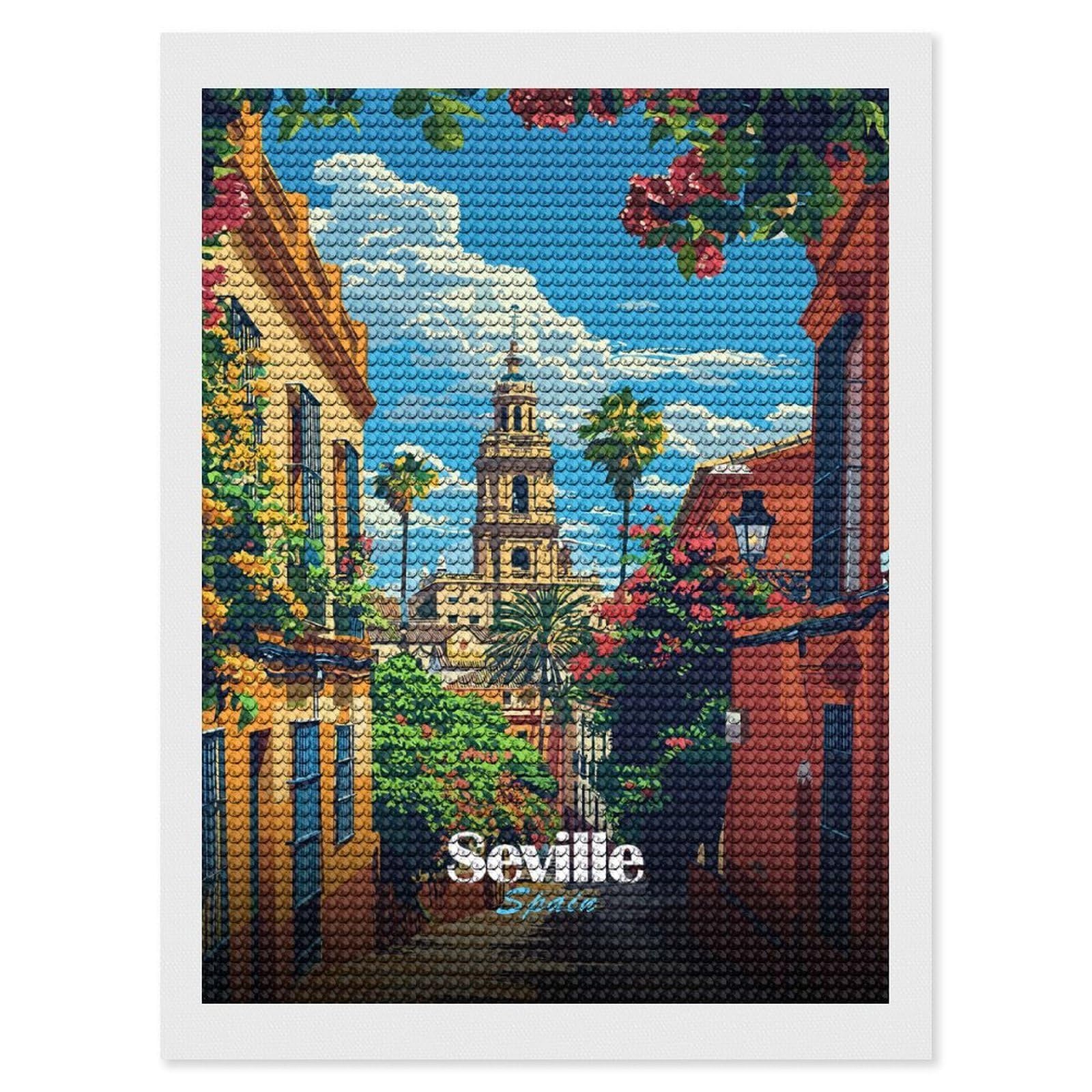 Junmoney Seville, Spain Street View Illustration Diamond Art Canvas 12"x16", for Creative Relaxation, Simple to Start, Aesthetic Room Decor, Holiday Gift Idea