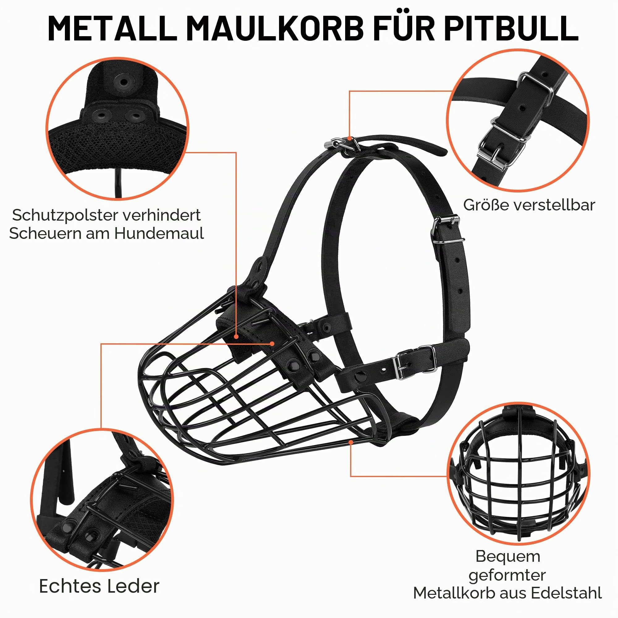 Pitbull Maulkorb für Hunde, Metallmaske, Amstaff sicherer Drahtkorb, verstellbar, langlebig, Lederriemen für große Hunde, Schwarz