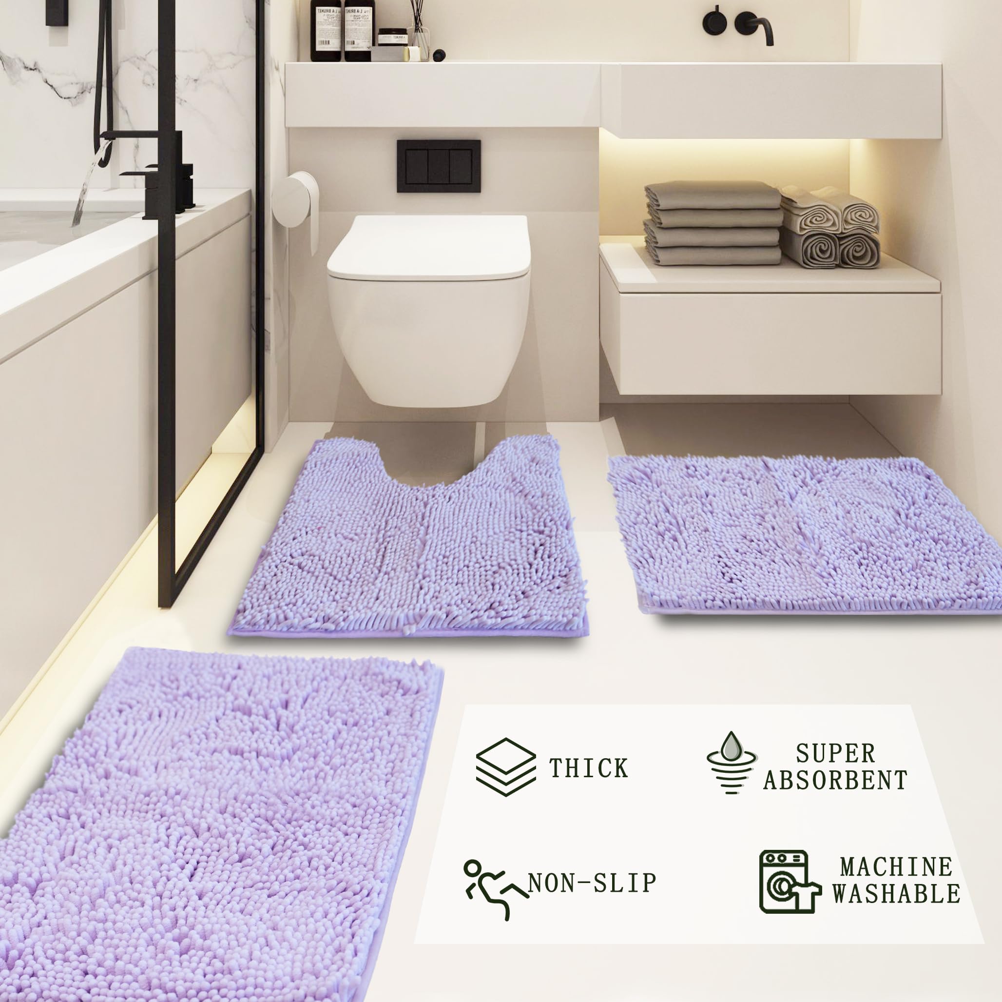 Tappeto da bagno in ciniglia, extra spesso e assorbente, antiscivolo, lavabile in lavatrice, asciugabile in asciugatrice, morbido e accogliente, da utilizzare sotto la doccia, vasca da bagno
