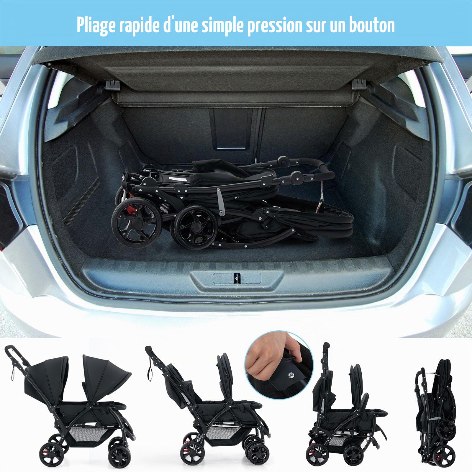 FANTASK Poussette double pliable avec dossier réglable et capote - Pour bébé à partir de 6 mois - Charge maximale : 30 kg - Noir