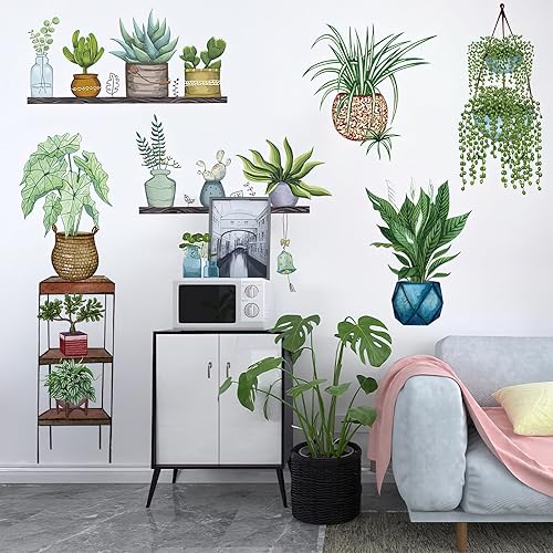 Miniatura 3 de Calcomanías de pared de plantas verdes en maceta, plantas tropicales, hojas verdes, calcomanías de pared, papel tapiz de vinilo natural, para sala