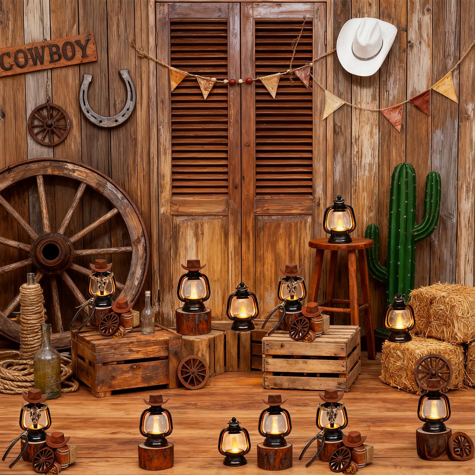 Exasinine Set di 60 decorazioni per feste a tema cowboy, mini cappello da cowboy, lanterna, ferro di cavallo, ruota di carro, balle di fieno, botti di vino, rustico, occidentale, decorazione per feste