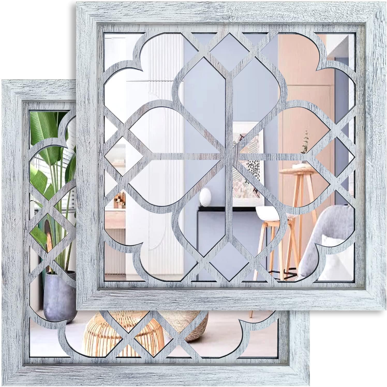 Wocred (30cm x 30cm, Rustic White) - 2 PCS Square Wall Mirror,Gorgeous Rustic Farmhouse Accent Mirror,Rustic White Colour Entry Mirror for Bathroom Renovation,Bedrooms,Living Rooms and More(12"x12")