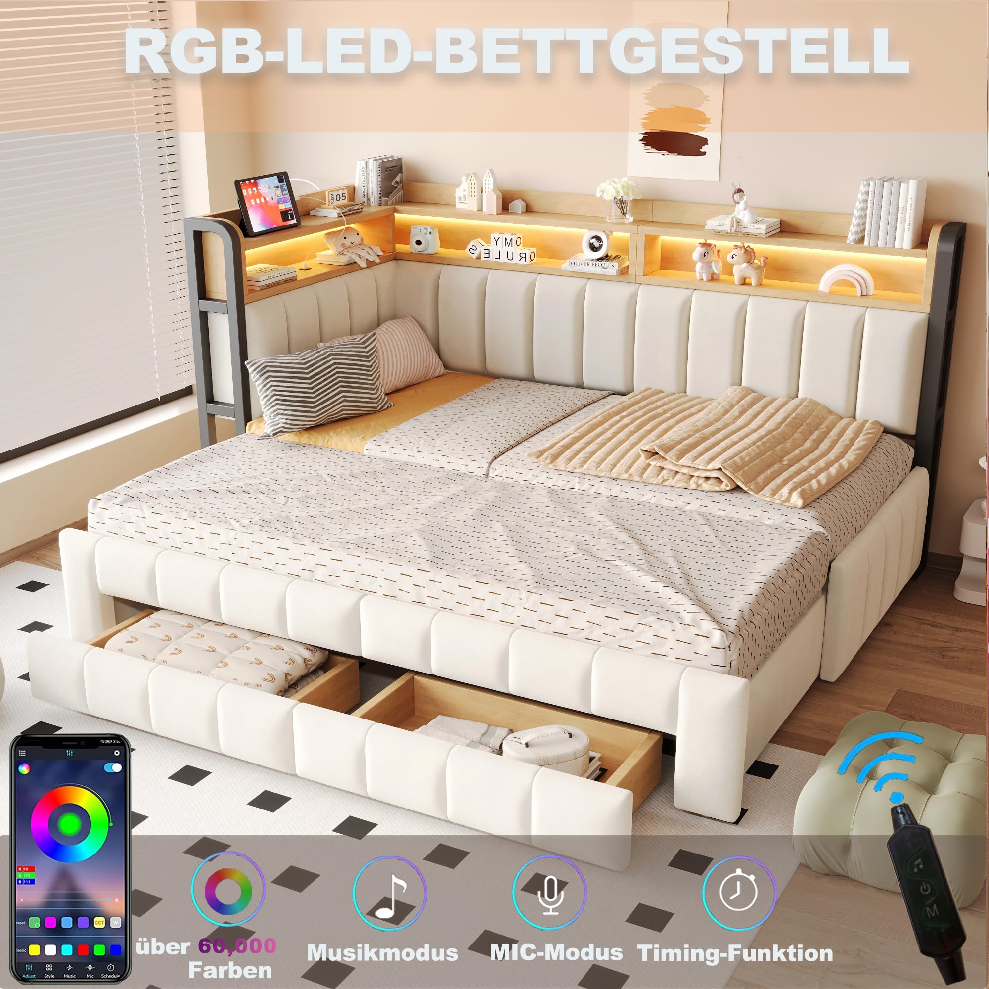 Schlafsofa 180x200 mit Zwei Schubladen und Gepolsterter Rückenfläche Stauraumbett Sitz und Liegefunktion mit Stoffbezug Polsterbett mit 2 Schubladen mit Integriertem Stauraum Schlafzimmer