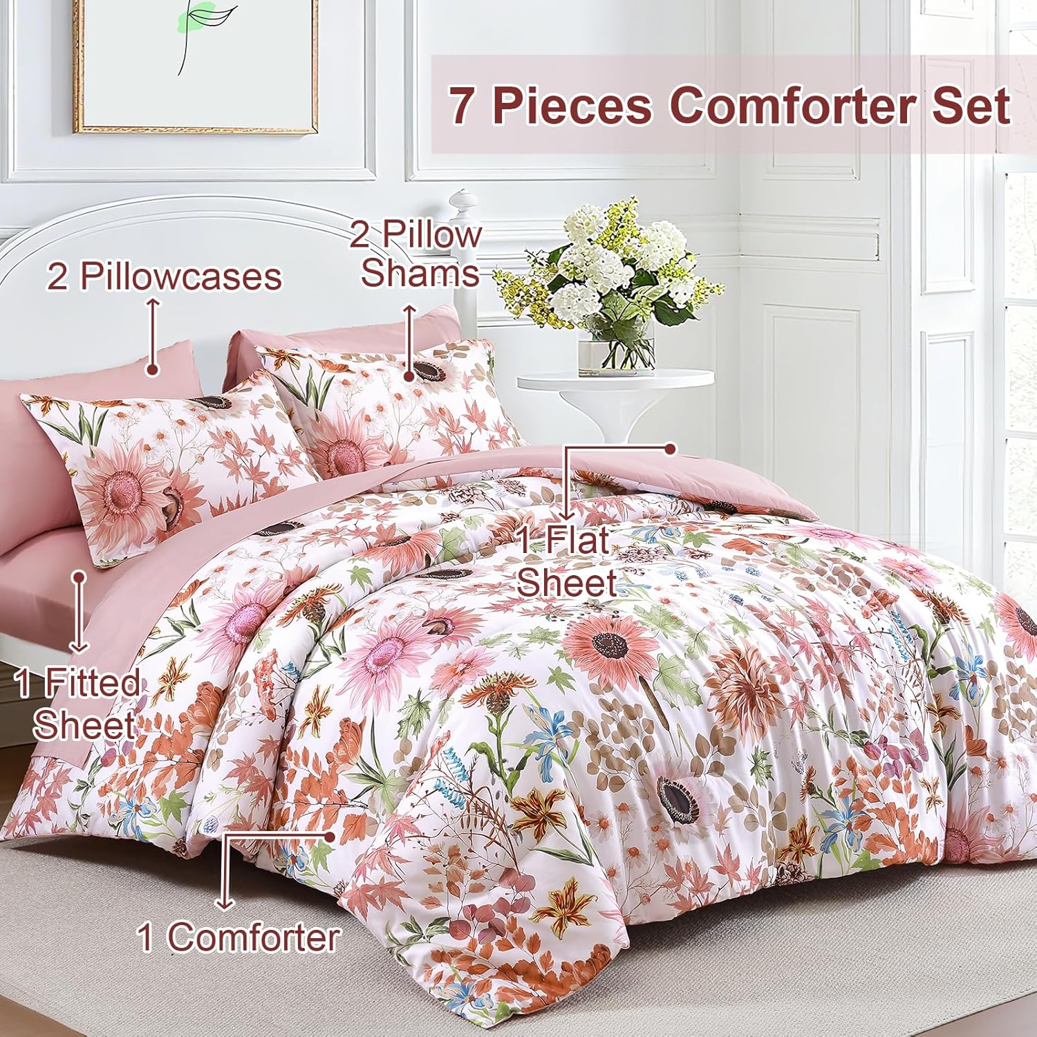Yiran 7 Pieces Bed in a Bag Comforter Set Queen Size Pink Colorful Bedding Sets Floral Soft Microfiber Sunflower Botanical Comforter for All Seasons 90"×90" - Image 2