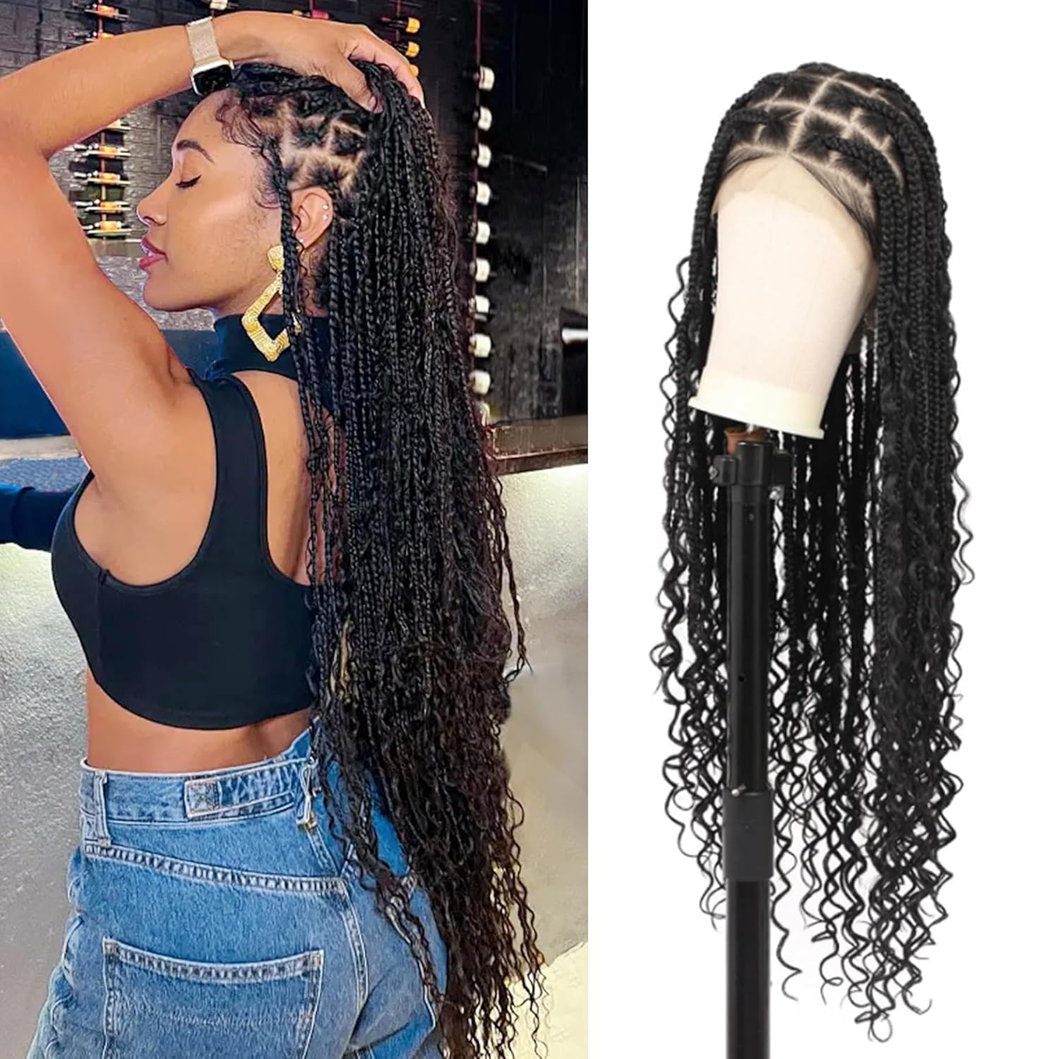360° HD Full Lace Braided Wigs Knotless Boho Braided Wigs for Women Box Braid Wig With Baby Hair Human Hair Blended Braided Lace Front Wigs Natural Black 36 Inch