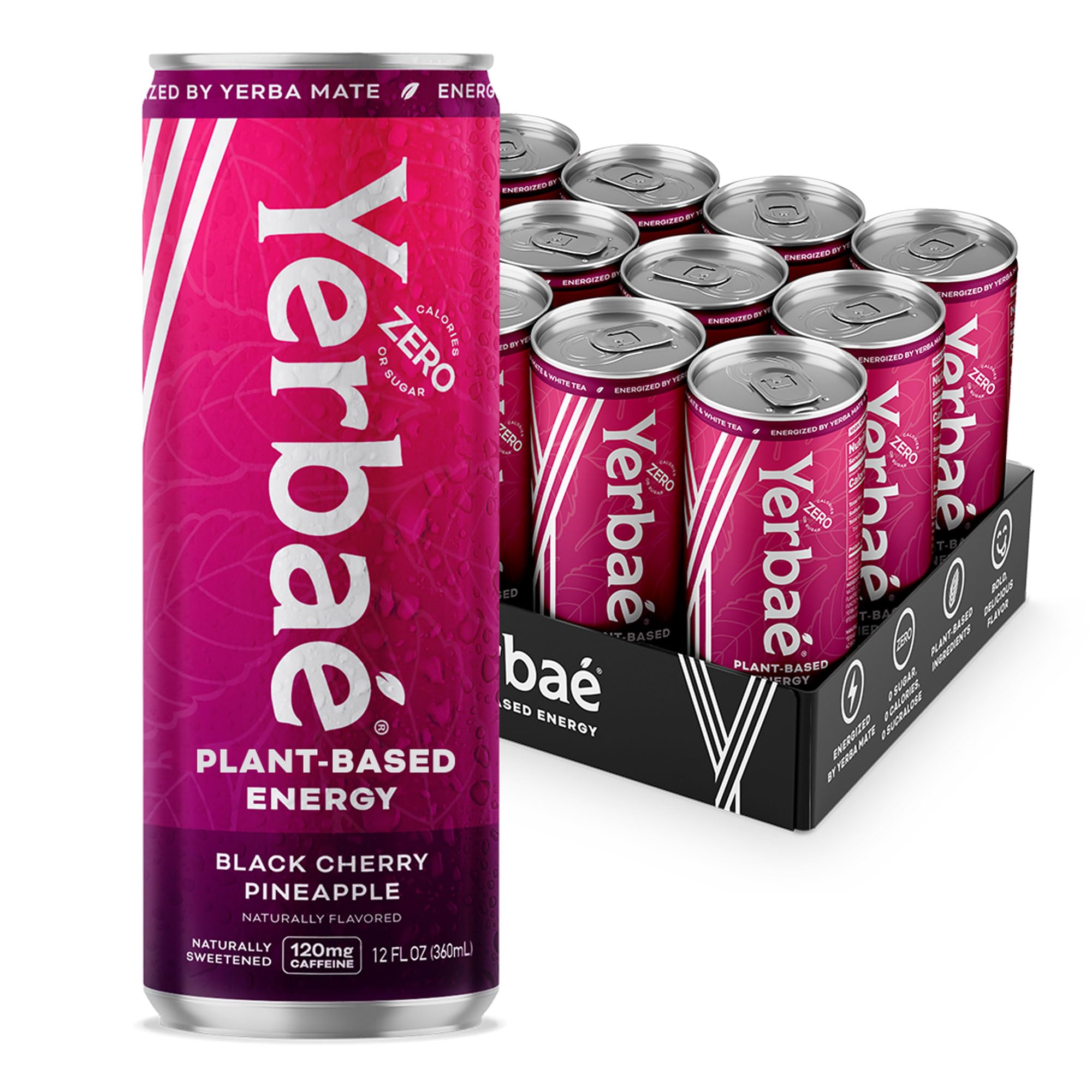 Yerbaé Energy Beverage, Black Cherry Pineapple, 120mg Caffeine. Pack of 12, 12oz cans (BB 08/25) 