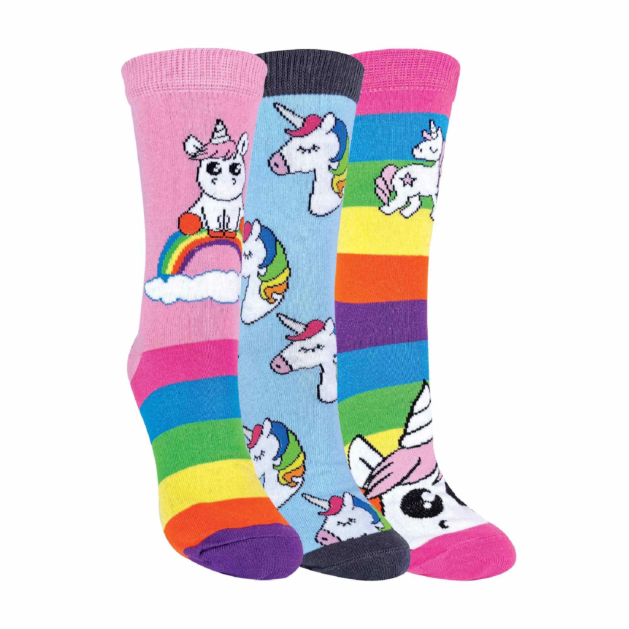 Striped Rainbow Unicorn Socks for Women | Ladies Novelty Cotton Rich Socks | Pack of 3 (4-7, Rainbow Unicorn)