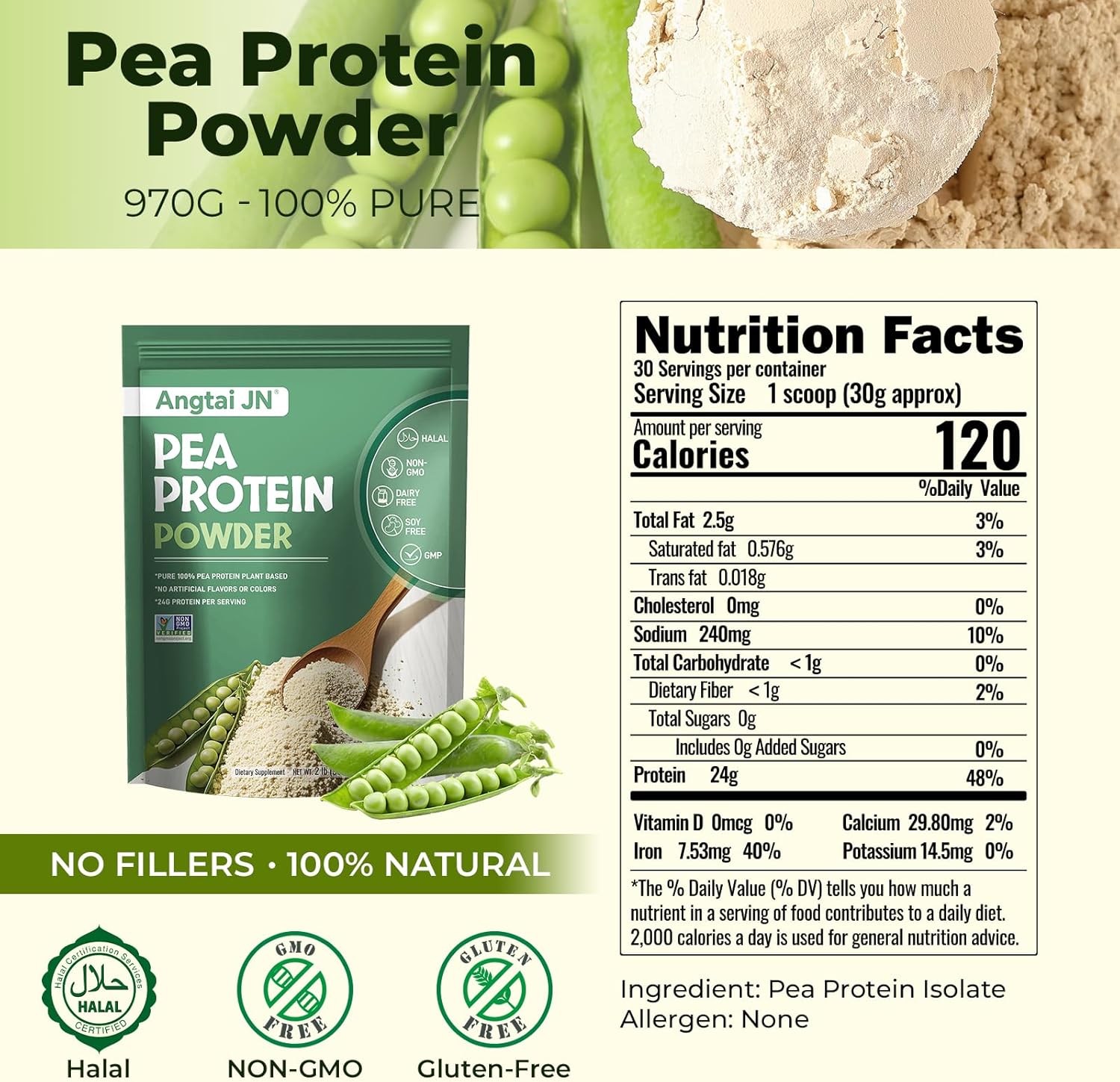 Pea Protein Powder, 24g of Plant-Based Protein, Unflavored, Vegan, Gluten-Free, Non-GMO, No Added Sugar, Easily Digested Isolate Form, 2 lb (30 Servings), Ideal for Vegetarians, Fitness - Image 7