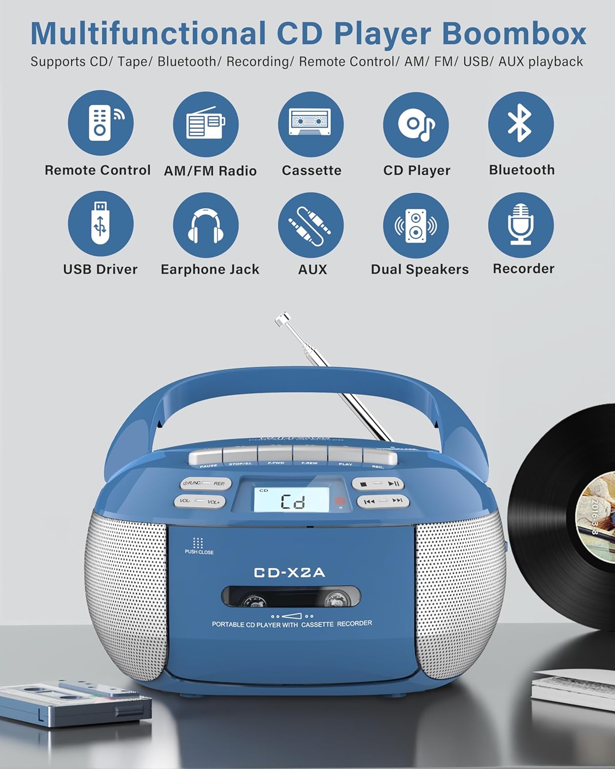 CD Player Boombox Bluetooth Cassette Player Combo + NOAA Weather Radio