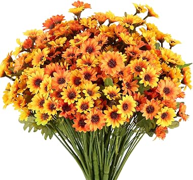 8 Bundles Artificial Orange Yellow Faux Flowers for Outdoor Planters Bulk Fake Mums Plastic Fall Daisy Floral for Home Decor Garden Outdoors Porch Pots Window Box Wedding Decorations Yellow Orange