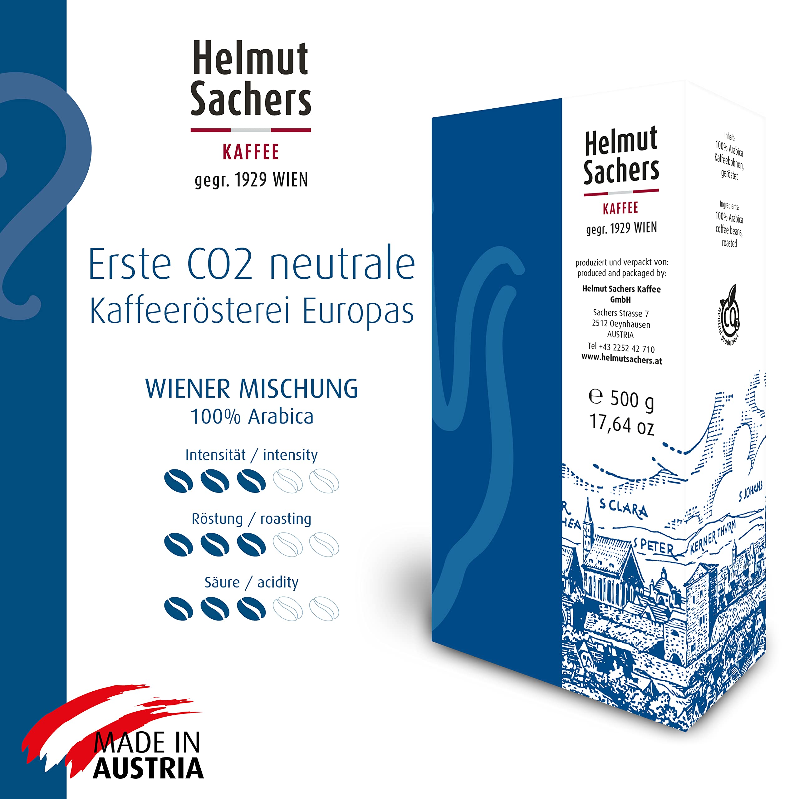 Helmut Sachers Kaffee - Wiener Mischung, Intensität 3/5, 100% Arabica, gemahlen, 6 x 500g