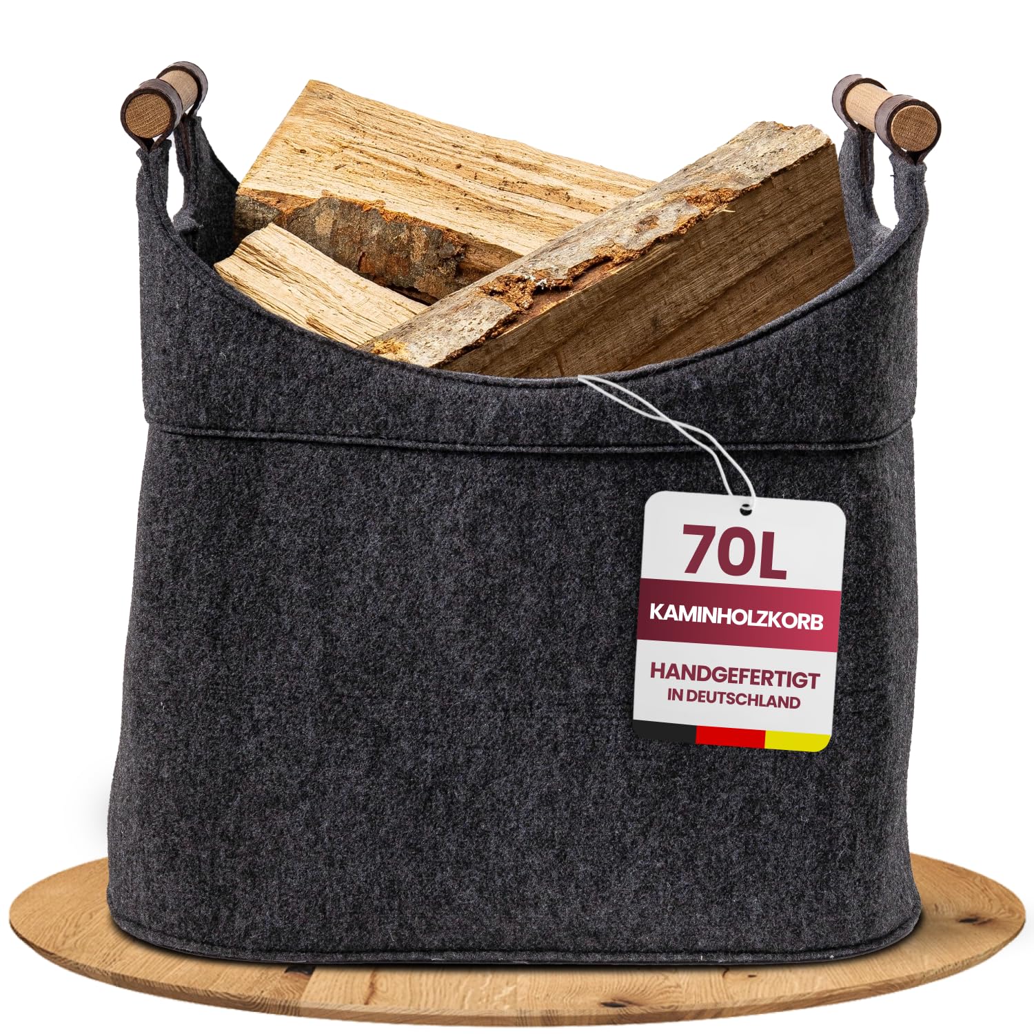 Felt Log Basket For Firewood Large [70 L] With Real Wood Handles (Oak) Easy To Clean