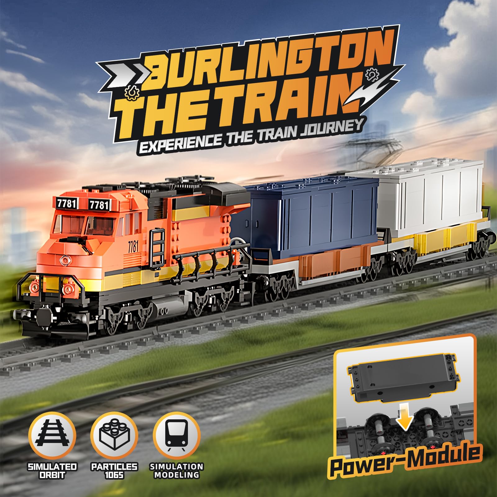 BNSF Kit de construction de train de marchandises avec locomotive et voitures, 1045 pièces